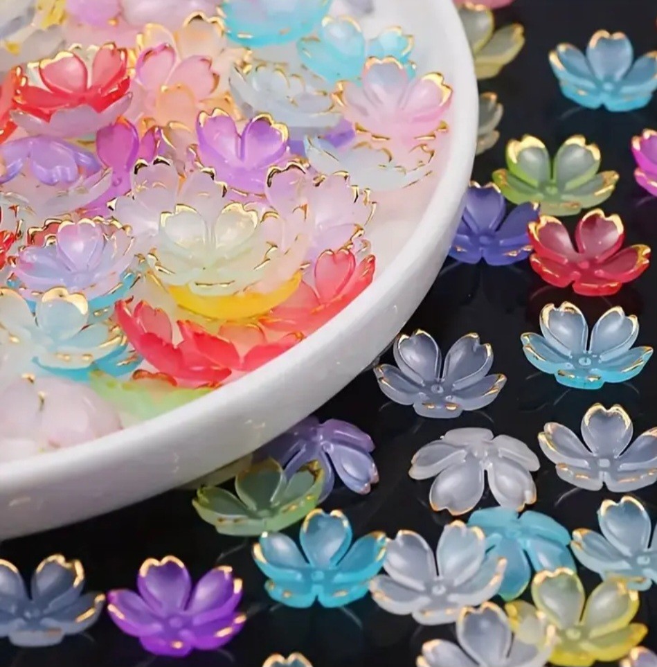 50 Blossom Beads For Jewelry Making Diy Flower End Caps Mixed Colors Gold Edges.