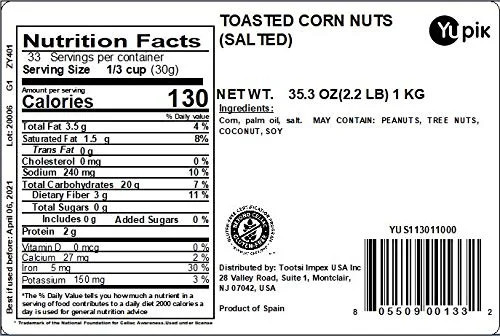 Yupik Toasted Corn Nuts, Salted, 2.2 lb (35.2 oz), Gluten-Free, Kosher, Vegan, R