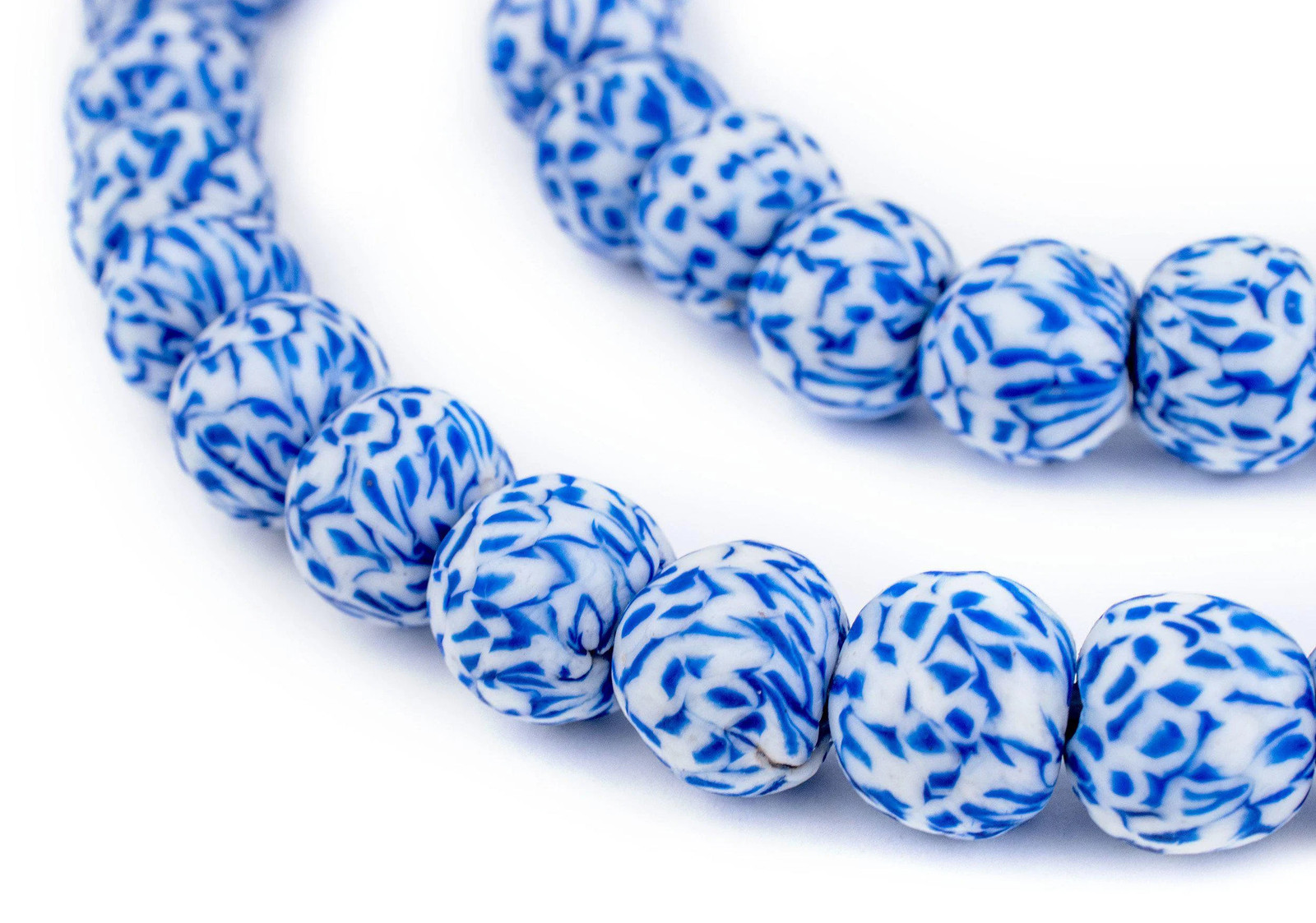Blue & White Fused Recycled Glass Beads 14mm Ghana African Round Large Hole