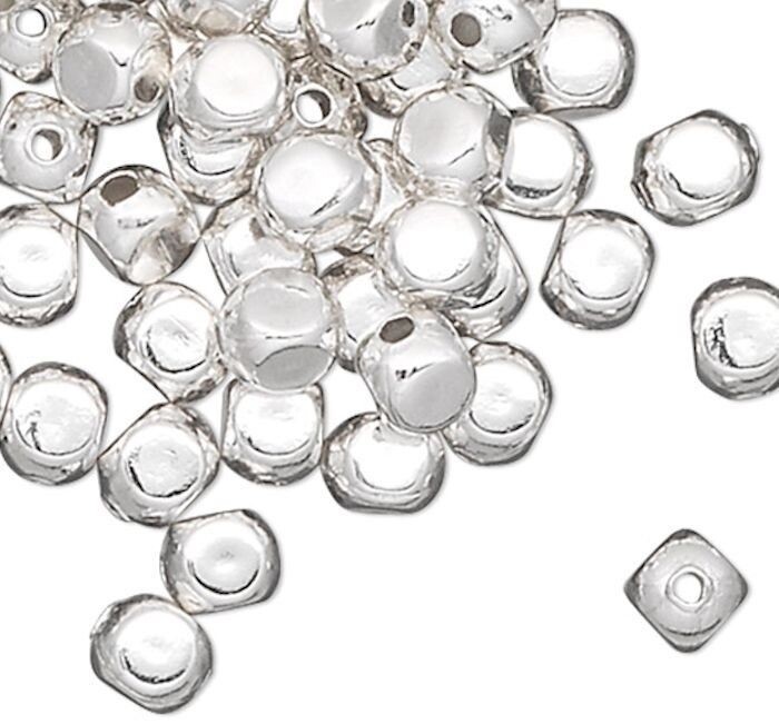 Bead, 100 Silver Plated Brass 3mm Smooth Rounded Square Cube with 0.6mm Hole