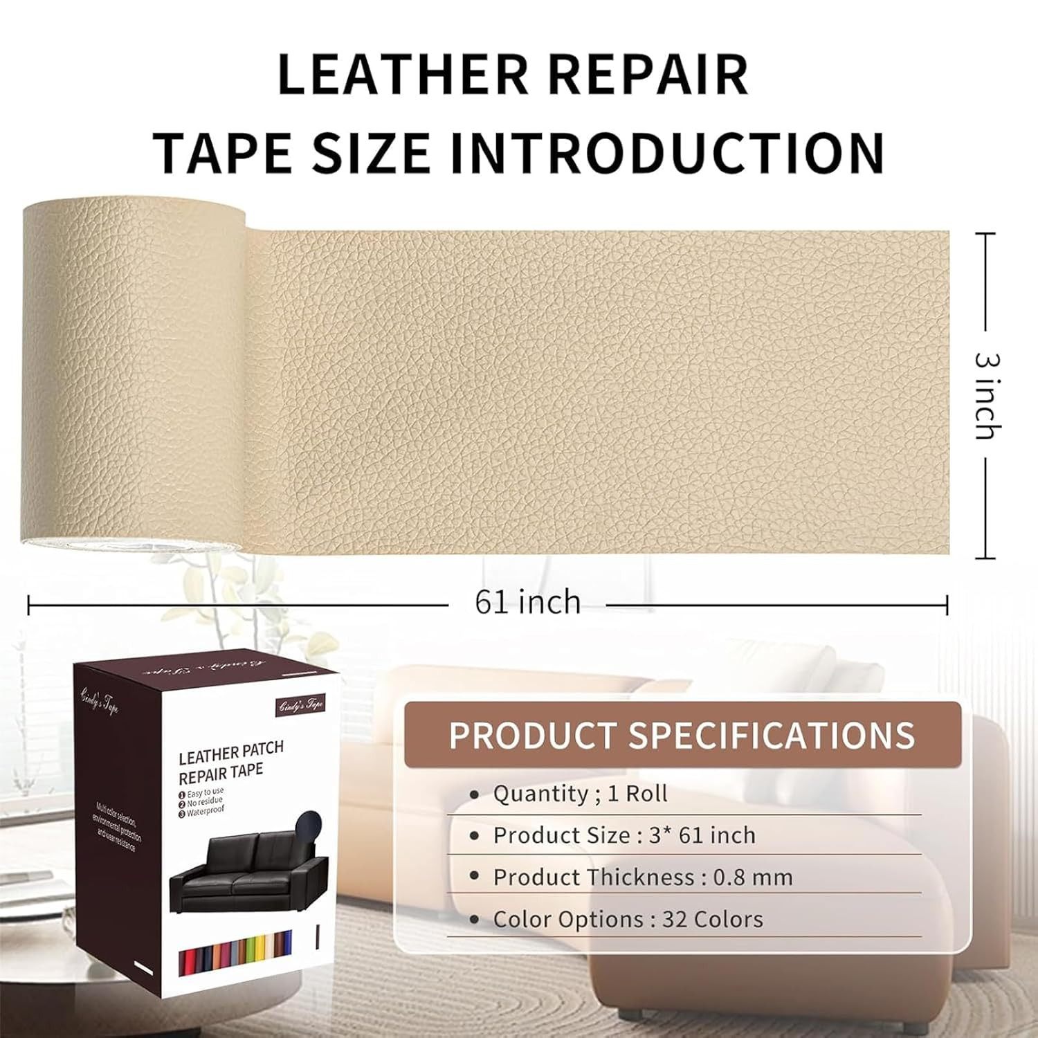 Leather Repair Patch Tape, Light Beige 3 X 61 Inches Self Adhesive Leather Repai