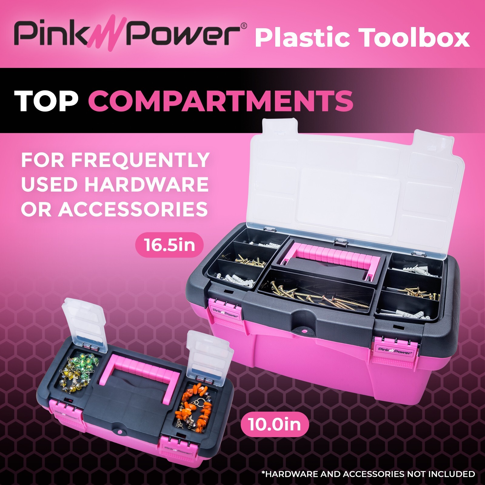 Pink Power Pink Plastic Tool Box for Women – 16″ & 10″ Portable