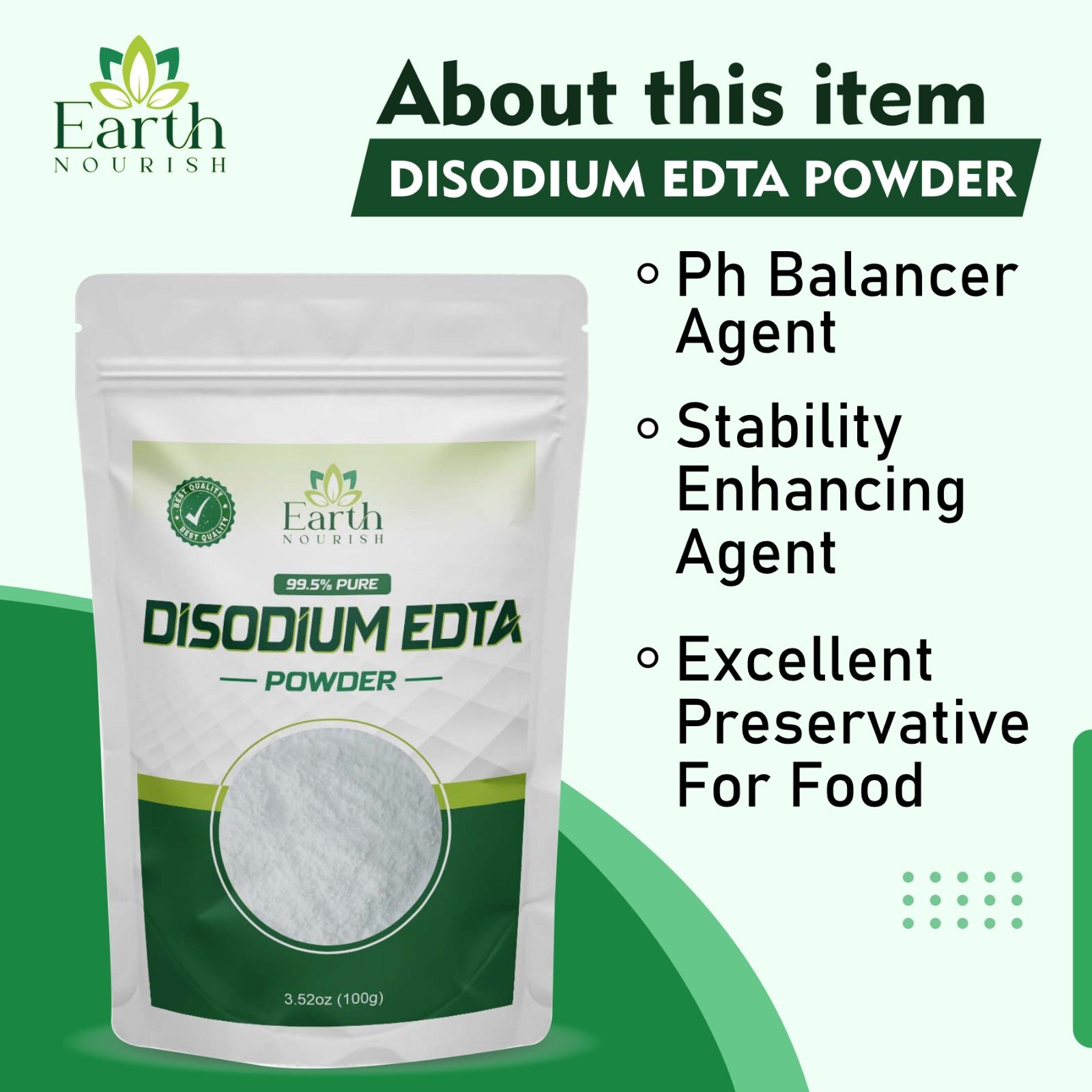 Earth Nourish Disodium EDTA Powder 3.52 Oz / 100g [Pack of 1 – Pack of 4]