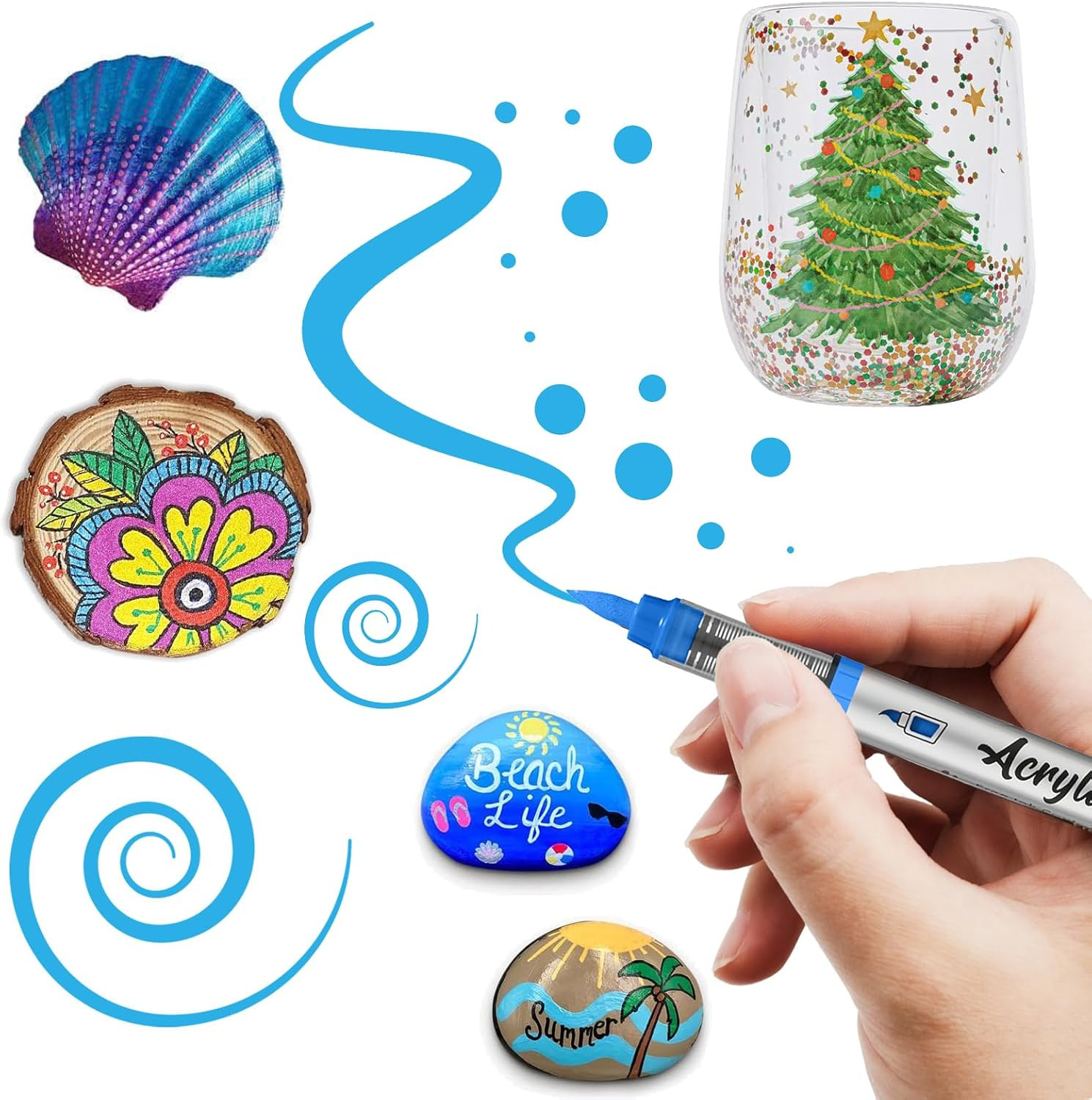 12 Color Acrylic Paint Pens Set with Brush Tips for Rock, Wood, Glass, Canvas DI