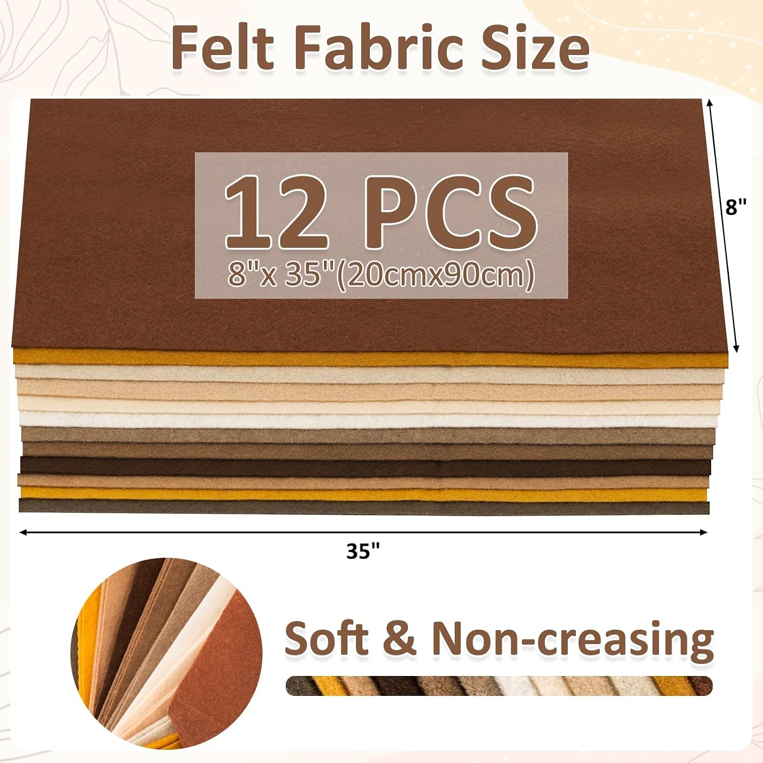 Soft Felt Fabric 8″x35″ Brown Series 1.4mm Thick Assorted 12 Rolls Felt Sheets