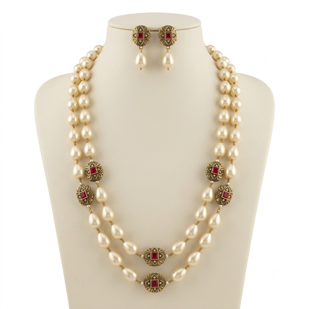 Luxury 2 Layer Pearl Beaded Necklace Set Gold Tone Ruby Floral Earrings Women