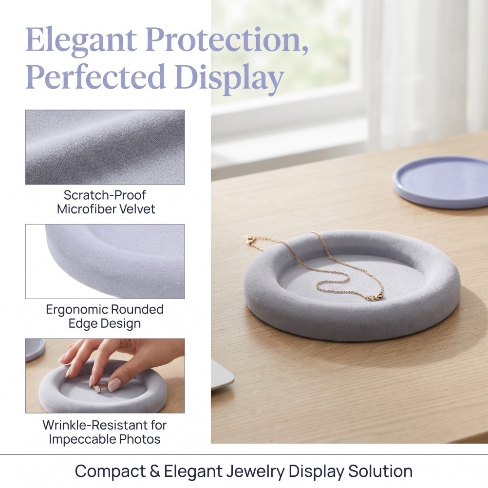 Round Jewelry Display Plate with Wrinkle Resistant Velvet Surface Light Grey