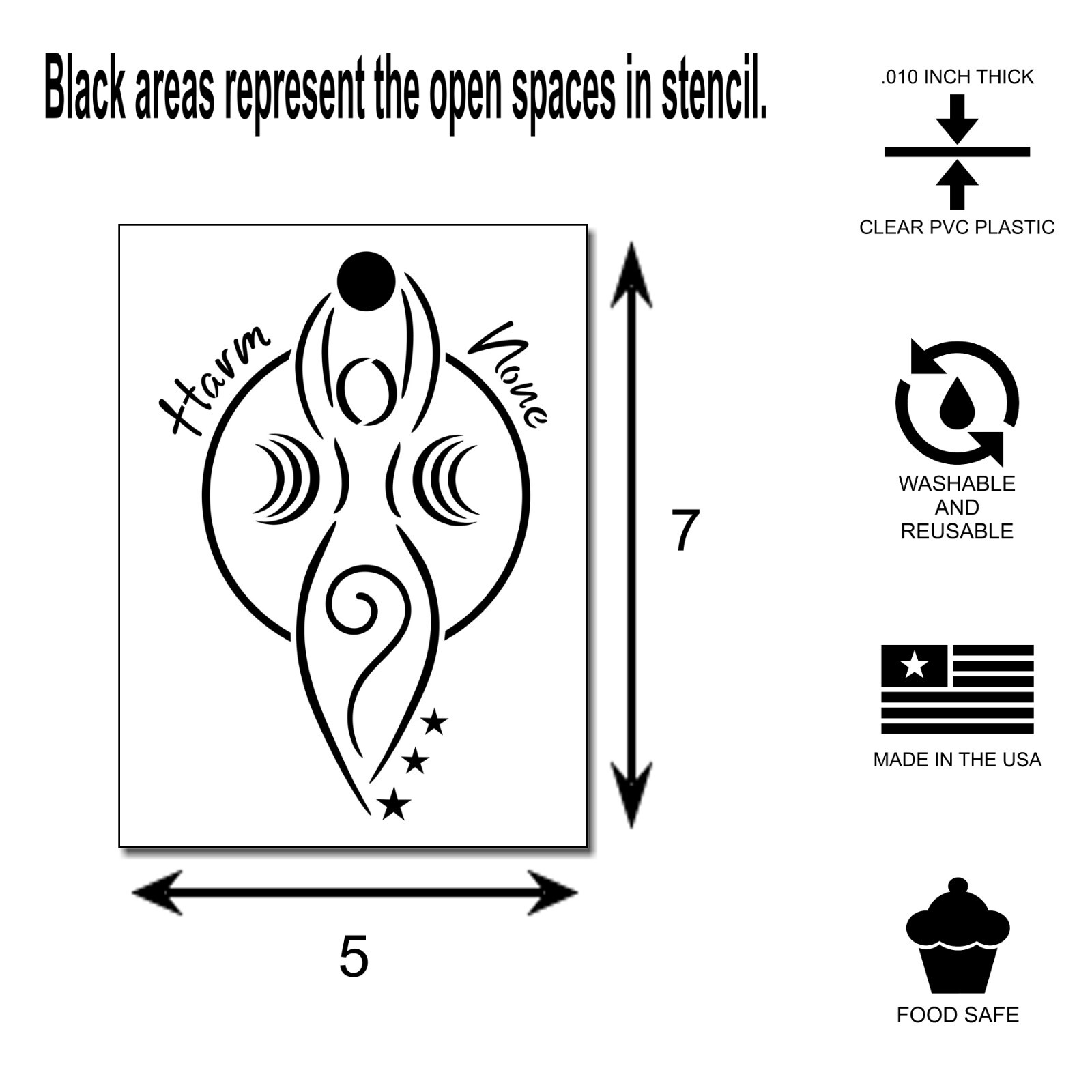 Wiccan Spiral Goddess with moons, Reads: “Harm None” reusable craft STENCIL