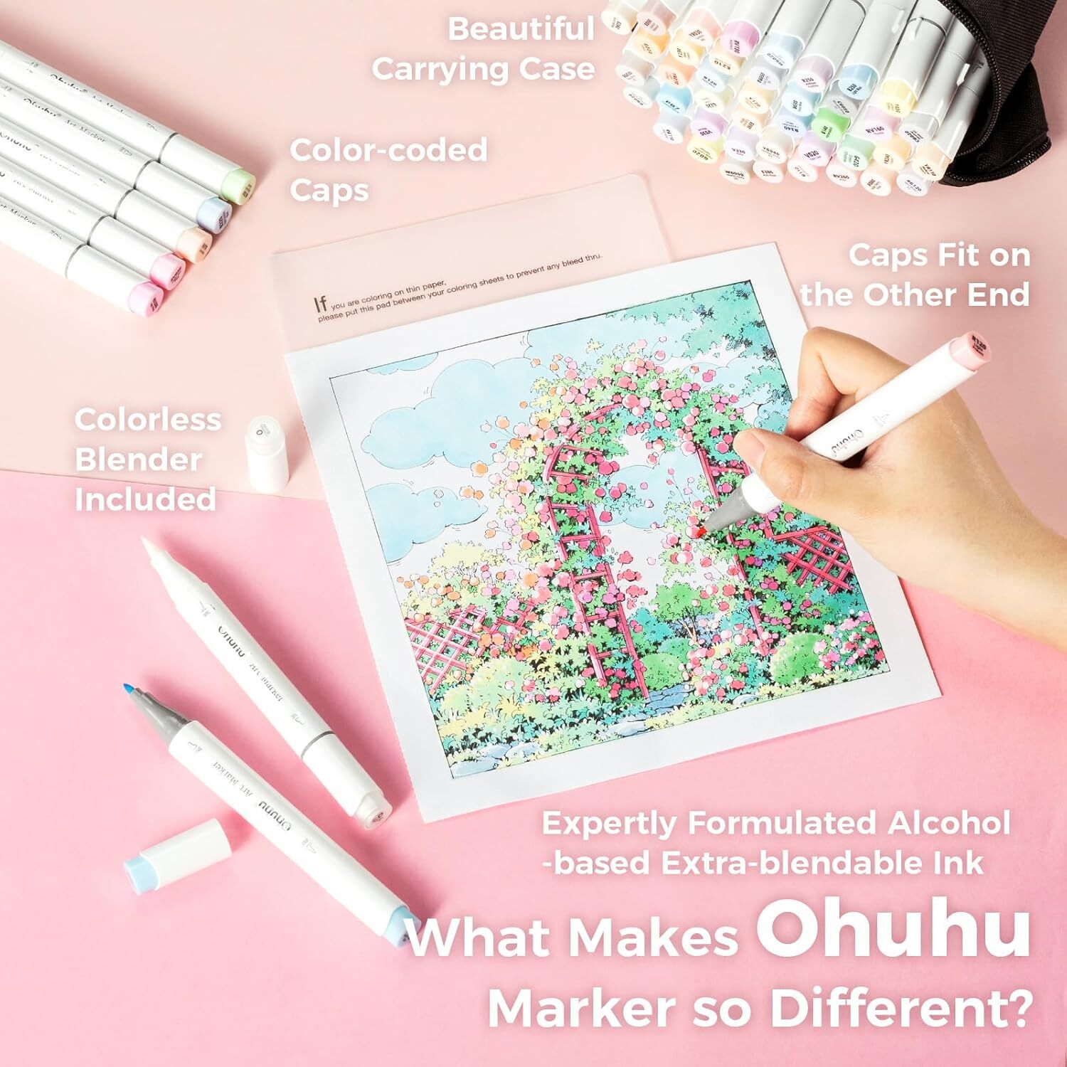 Ohuhu 48 Colors Alcohol Pastel Markers Brush & Fine+1 Marker Blender- Sweetness
