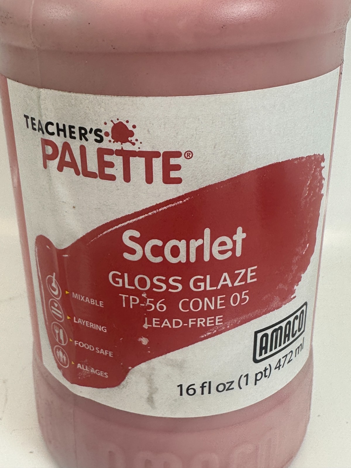 Amaco 36643A Teachers Palette Gloss Glaze – “Scarlet” 16 fl.oz. Sealed Top
