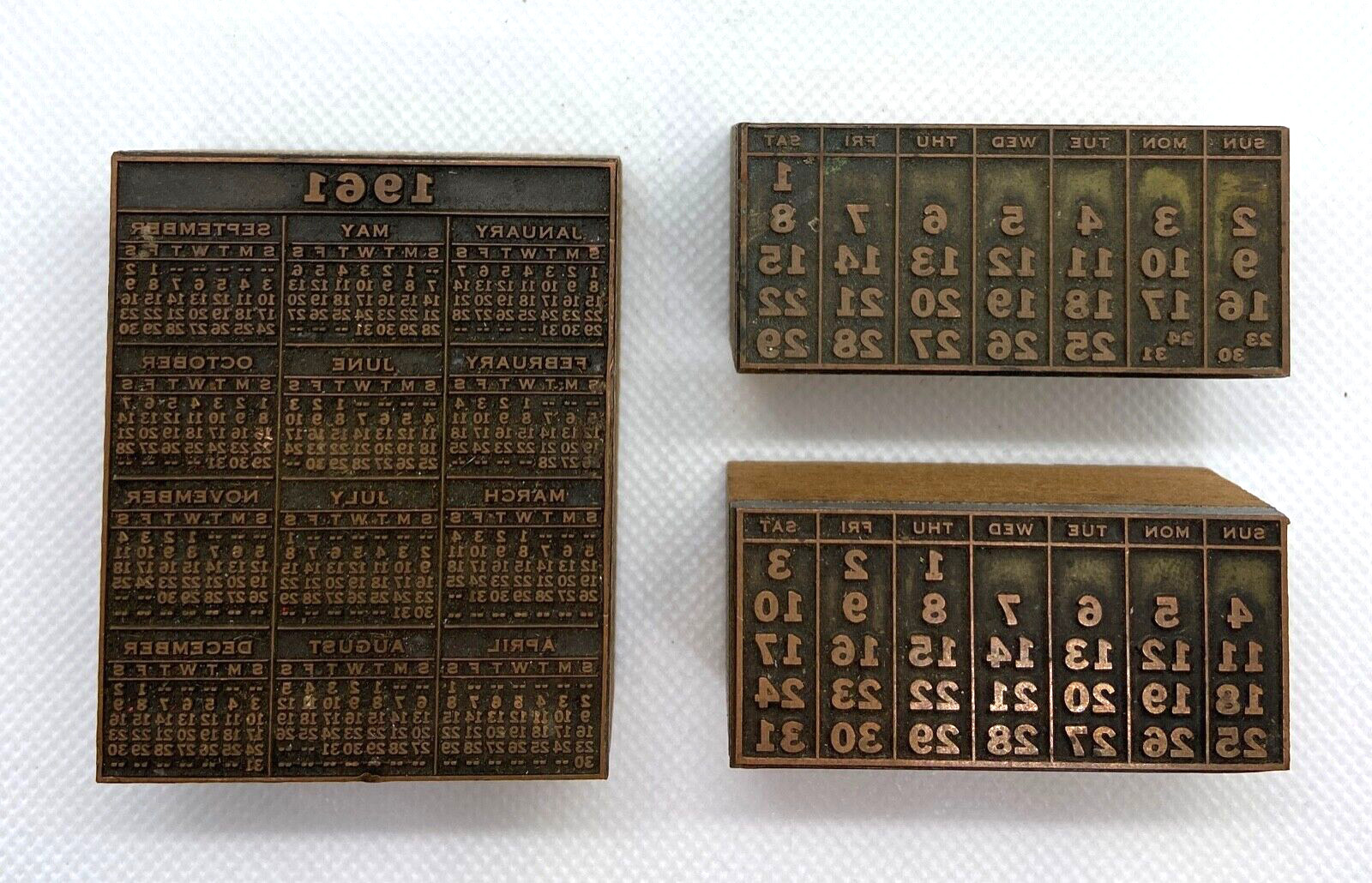 3 Old Block Stamps Calendars 2-Month 1- Year 1961 Vintage Collectible Metal Wood
