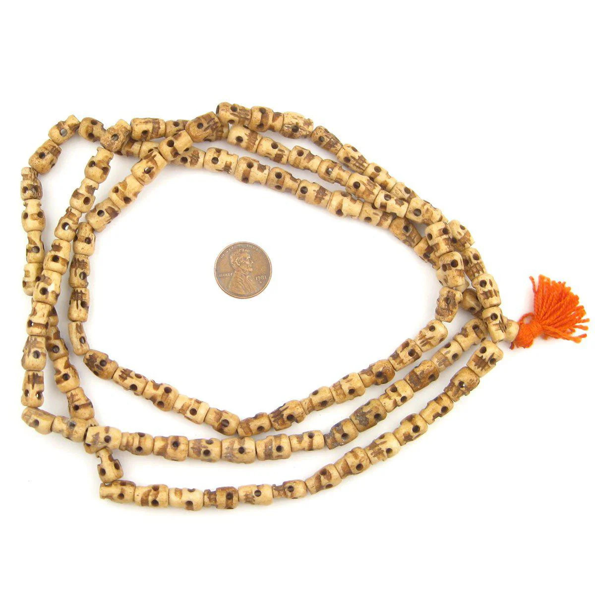 Vintage-Style Carved Bone Skull Beads Long Strand 7mm Nepal Brown 46 Inch Strand