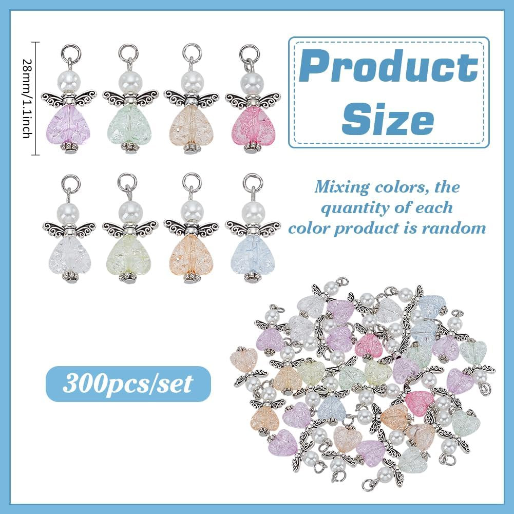 30Pcs Angel Charms, Mixed Angel Wing Pendants Guardian Charms Heart Glass Bead f