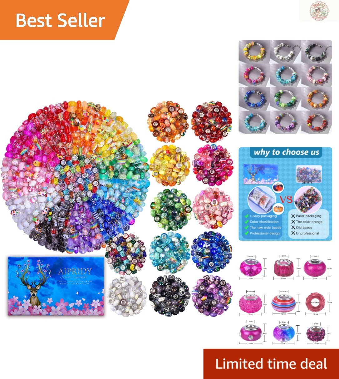 200-Piece Rainbow European Large Hole Beads Set for Vibrant Jewelry Making