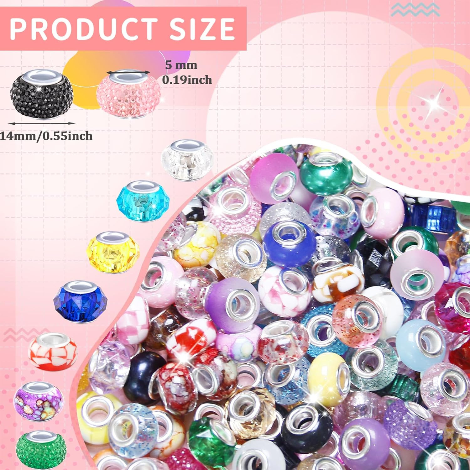 100 Pieces Large Hole Beads Spacer Bead Mixed Color Assorted European Craft Big