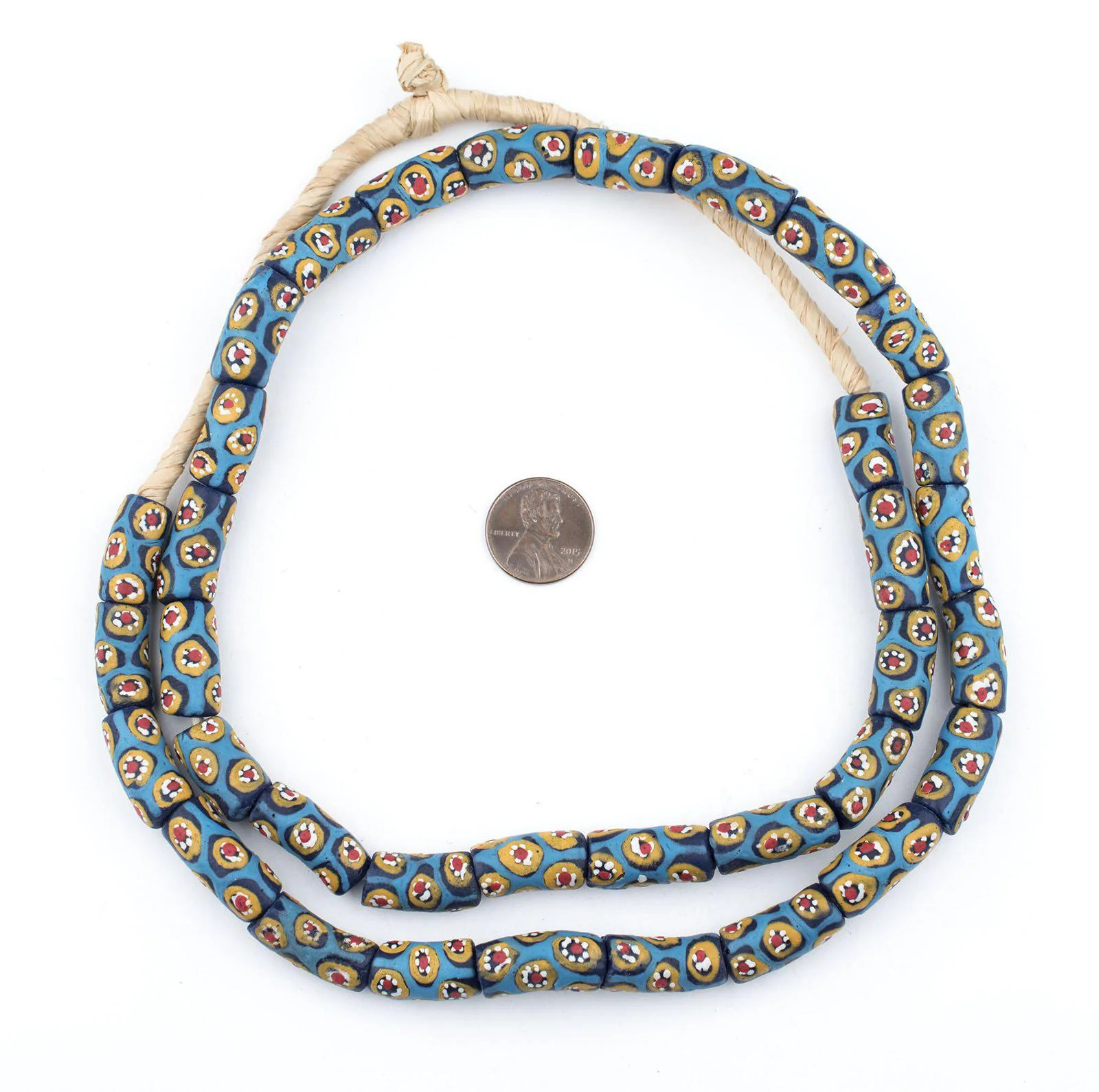 Blue Millefiori Krobo Beads 11mm Ghana African Multicolor Cylinder Glass