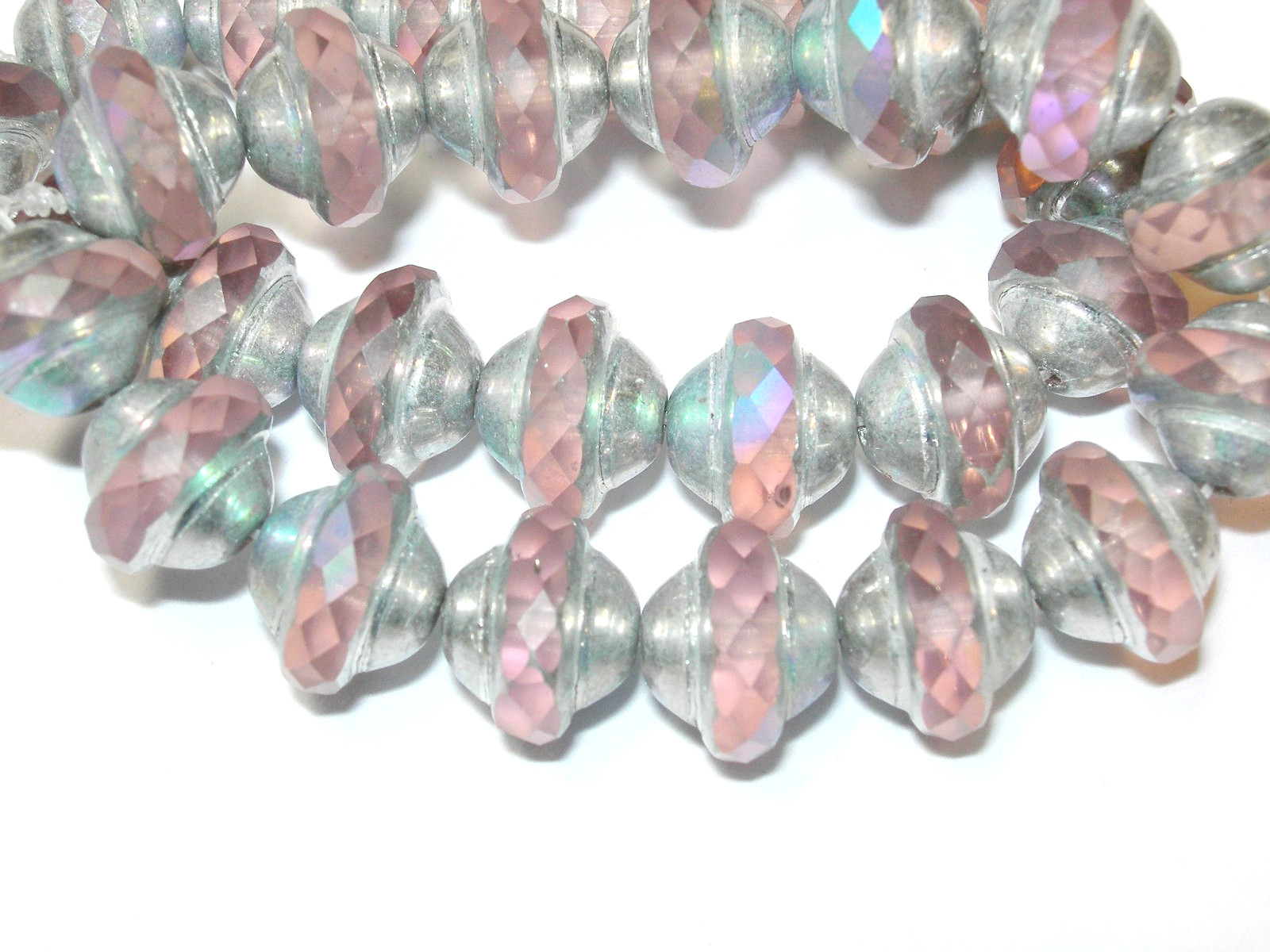 15 7mm Czech Glass Soft Pink with Silver AB Finish Faceted Saturn Saucer Beads