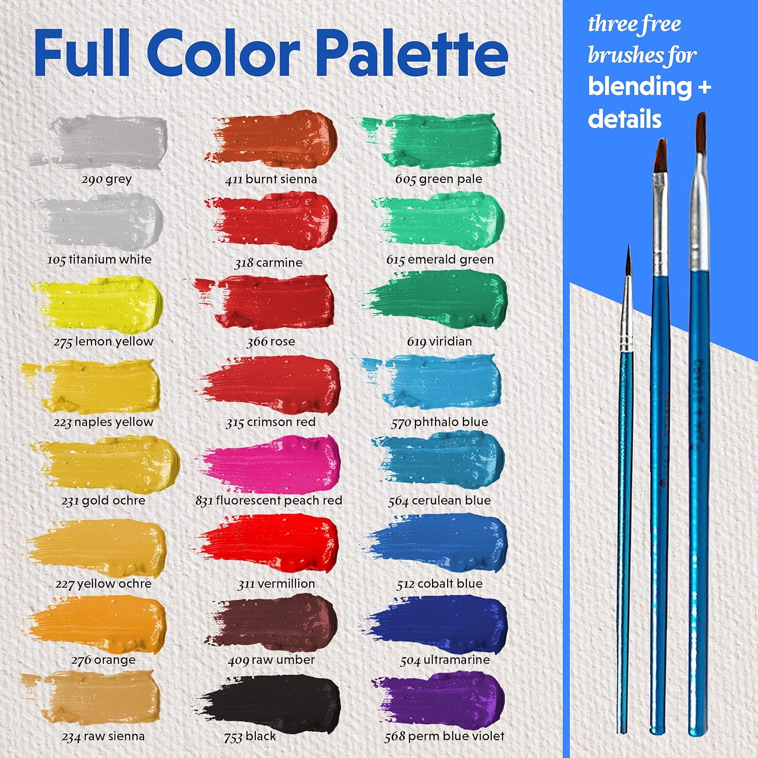 Acrylic Paint Set for Adults and Kids – 24 Pack of 12Ml Paints with 3 Art Brushe