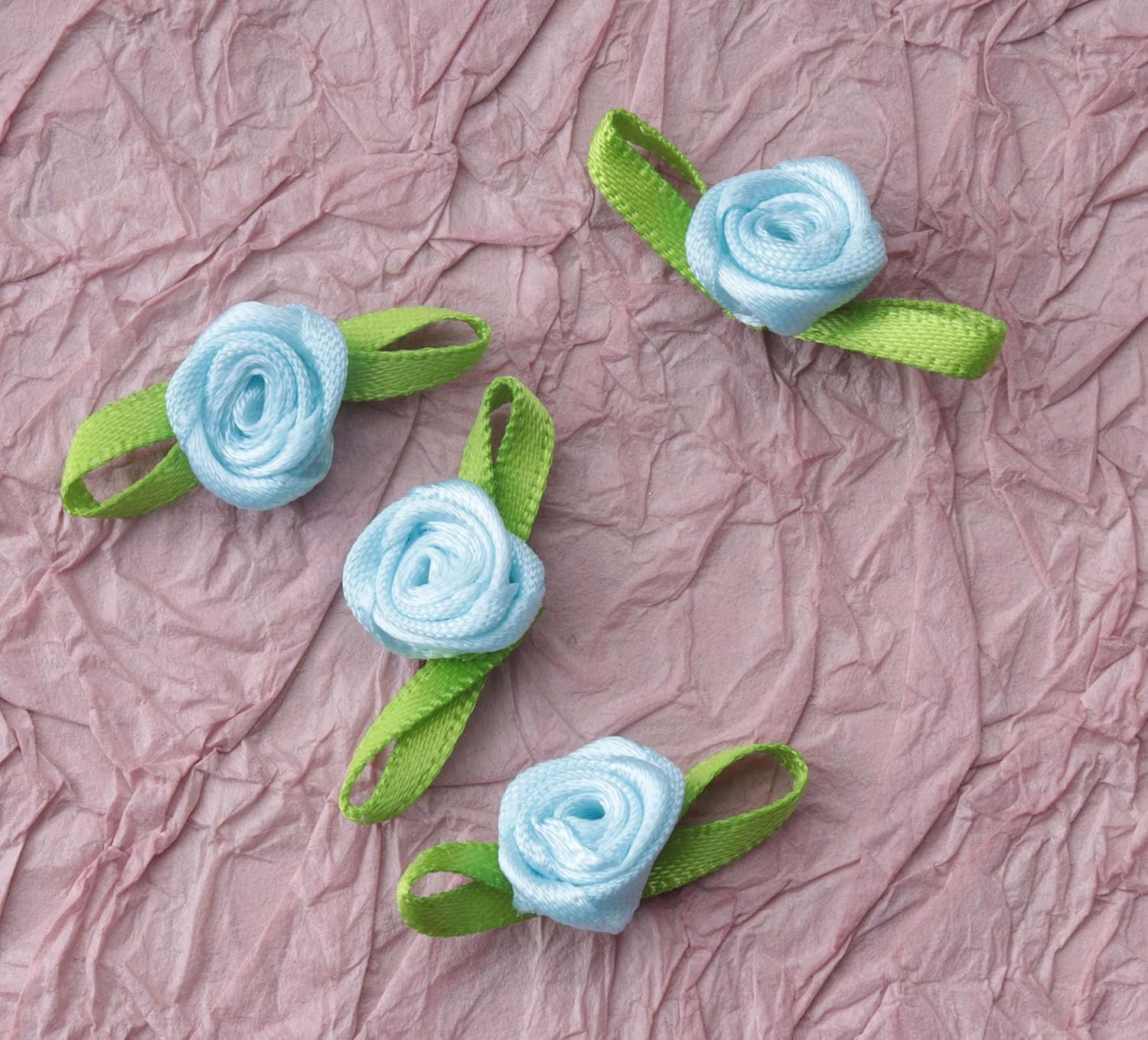 50 Pcs Satin Roses with Green Leaves Mini Cute Ribbon Bows Fabric Artificial Flo