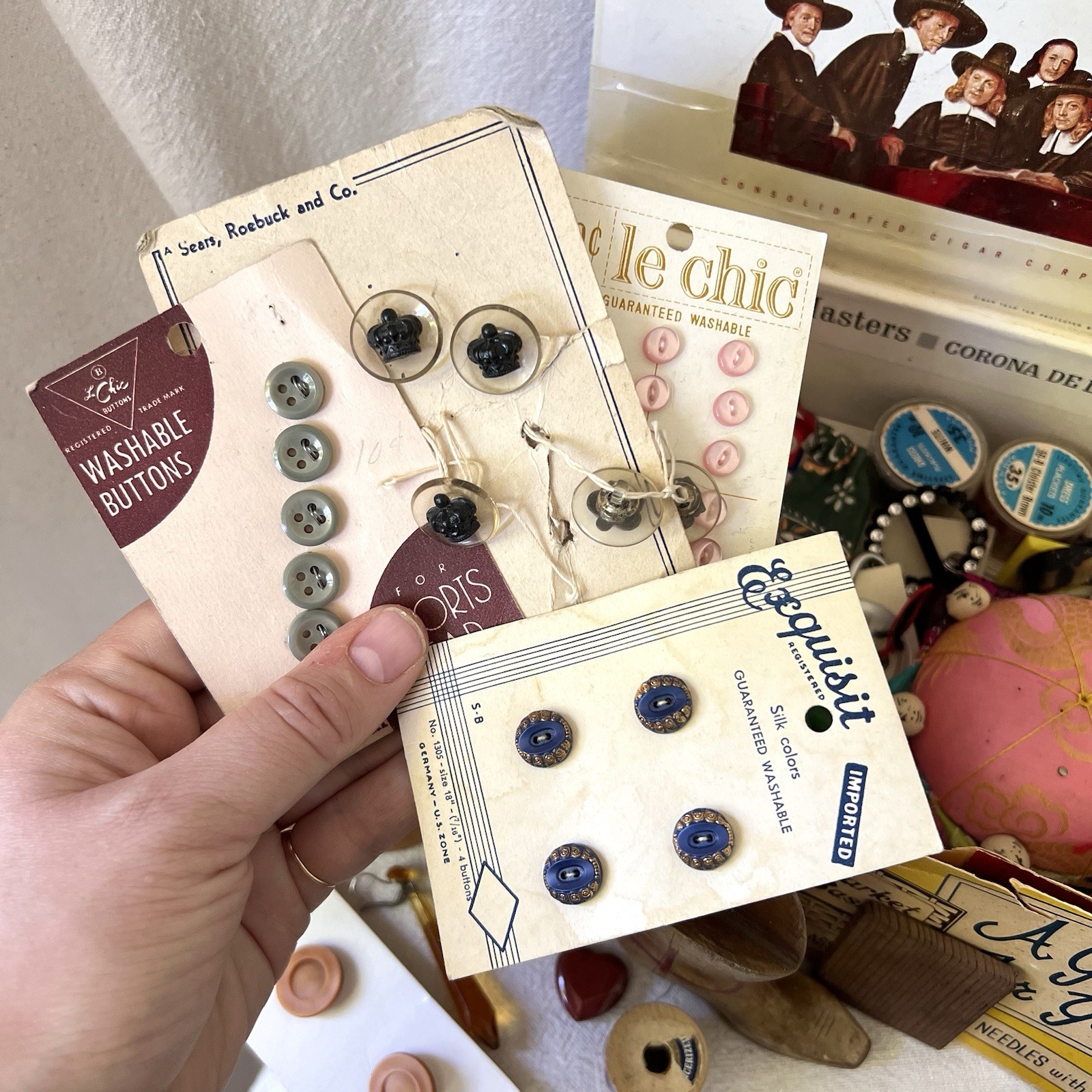 Vintage Sewing Kit / Junk Drawer / Trinket Box Dolls Pin Cushion Notions Buttons