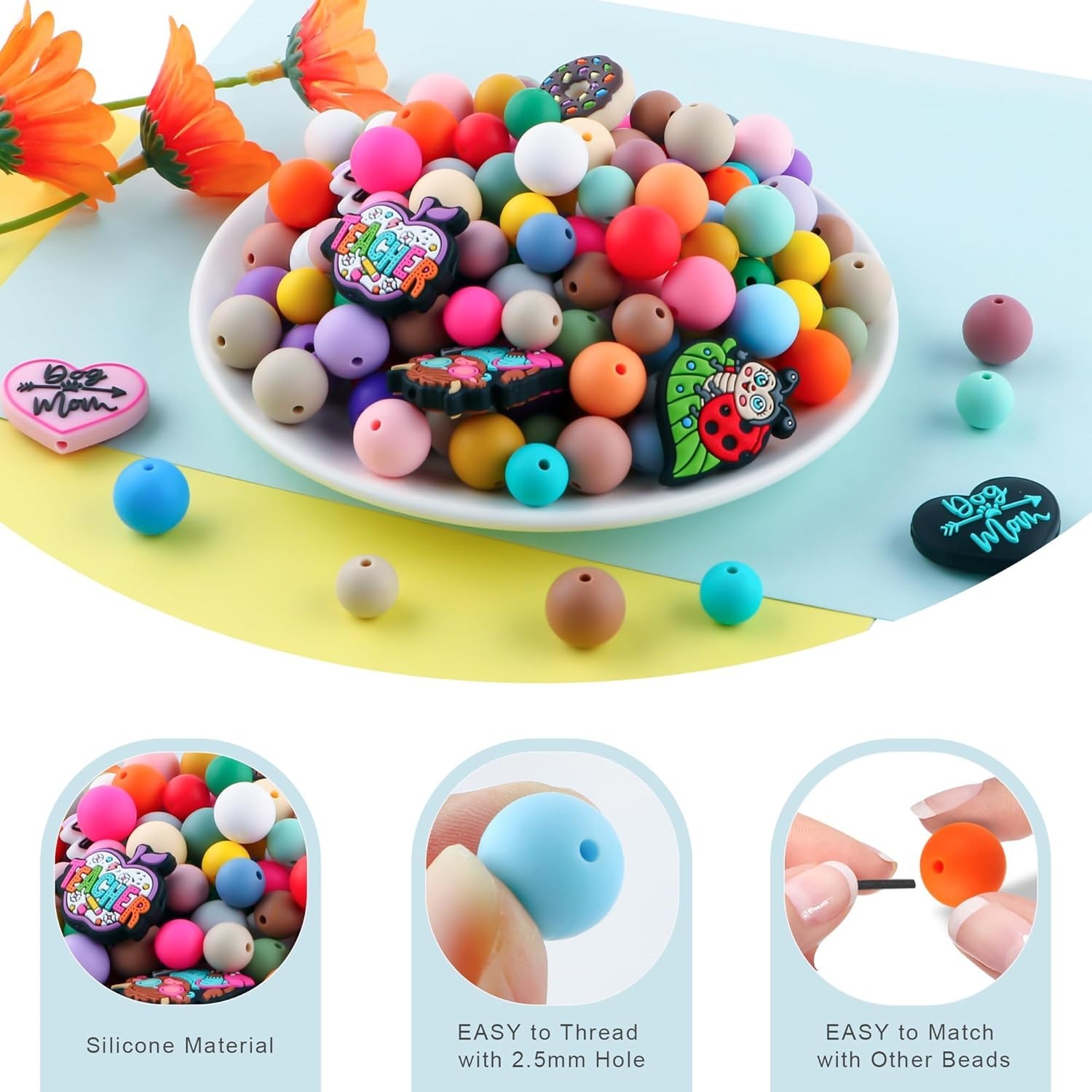 200Pcs 12mm Silicone Beads Bulk for Pens, Mixed Color Silicone Beads for Keyc…