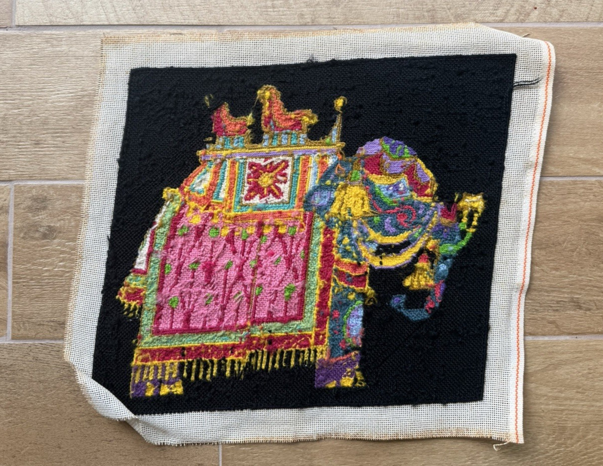 Finished Colorful Indian India Elephant Vintage Needlepoint Crewel Canvas