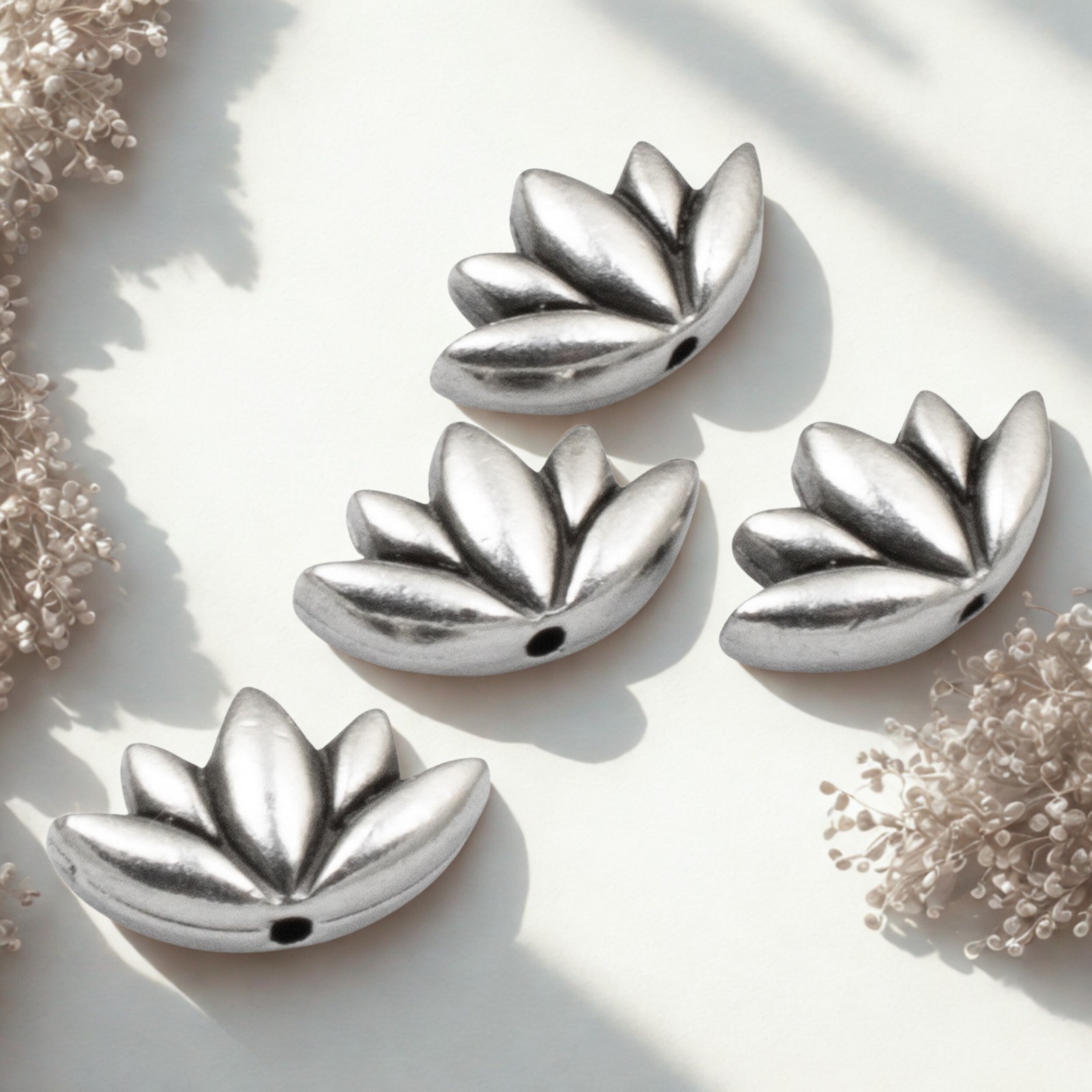 Silver Lotus Flower Beads, 4-Pack for Spiritual DIY Jewelry & Meditation Crafts