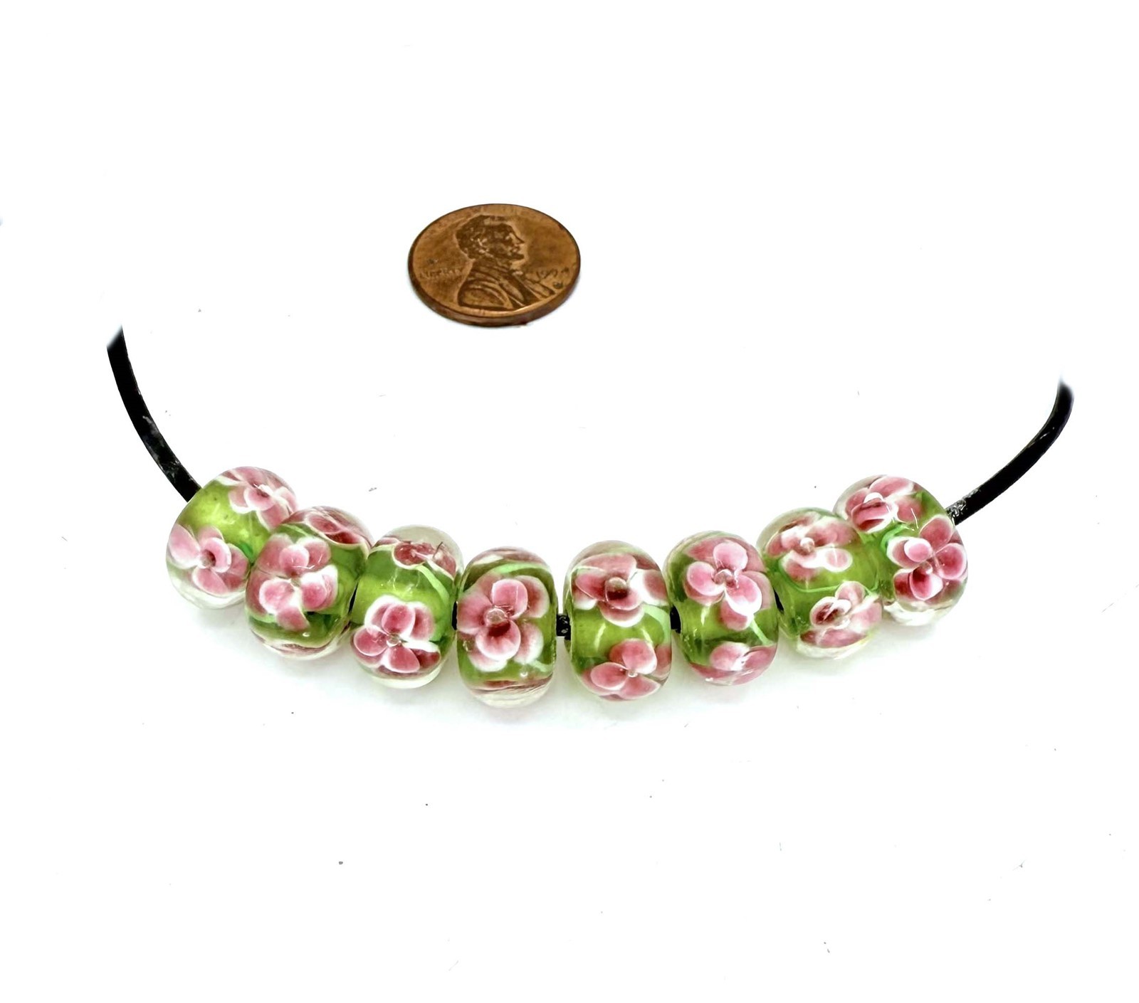 8 Handmade LAMPWORK Glass Pink Encased Flower Green Spacer Rondelle Beads