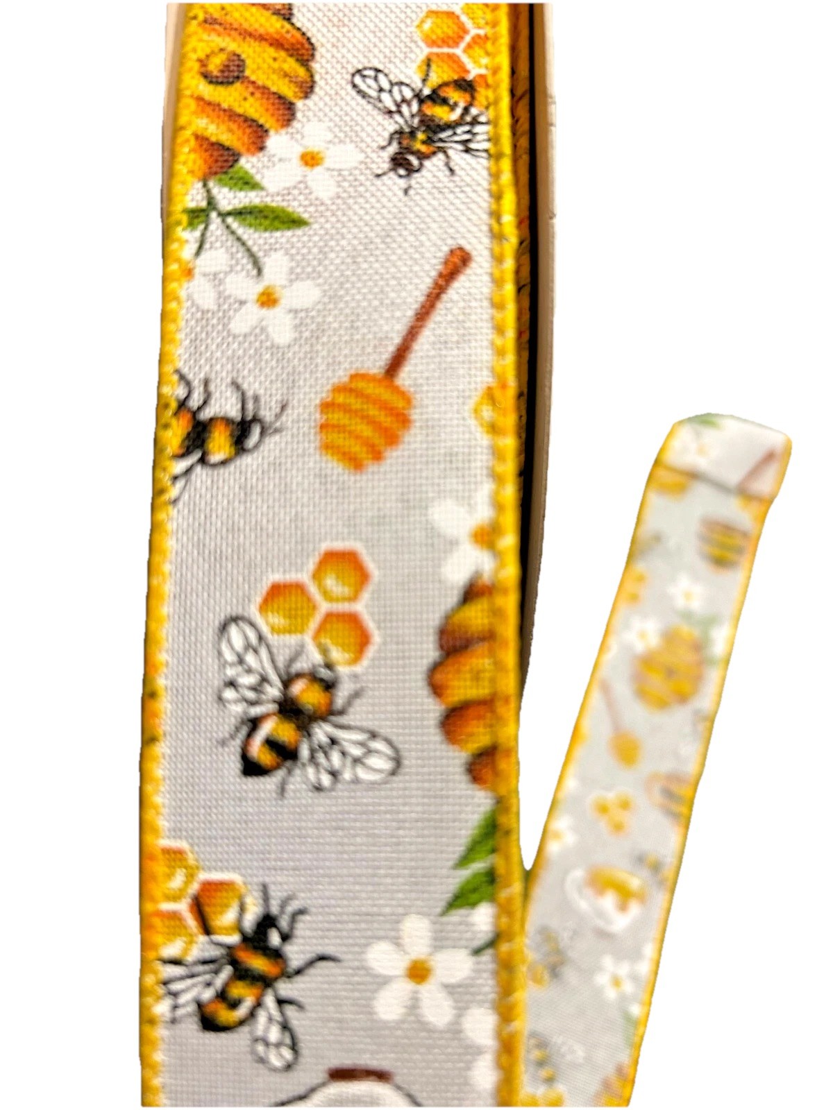 Honeybee & Floral Ribbon White Background 1.5″ x 10 yd Wired