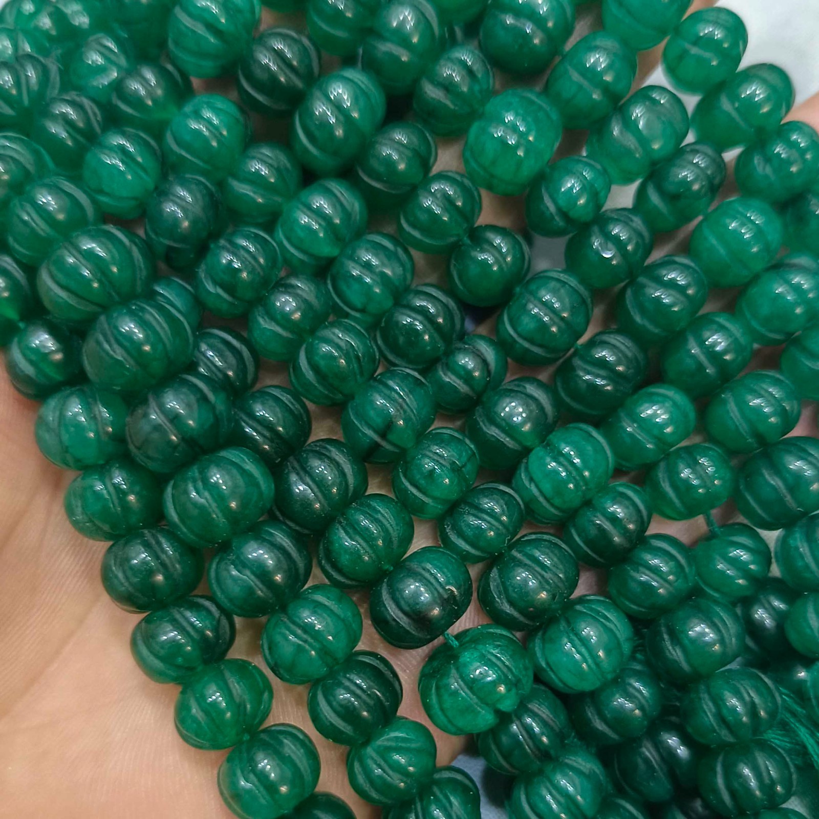 Dyed Dark Emerald Pumpkin Beads, Melon Shape Gemstone Strand (7-8mm) 8Inch