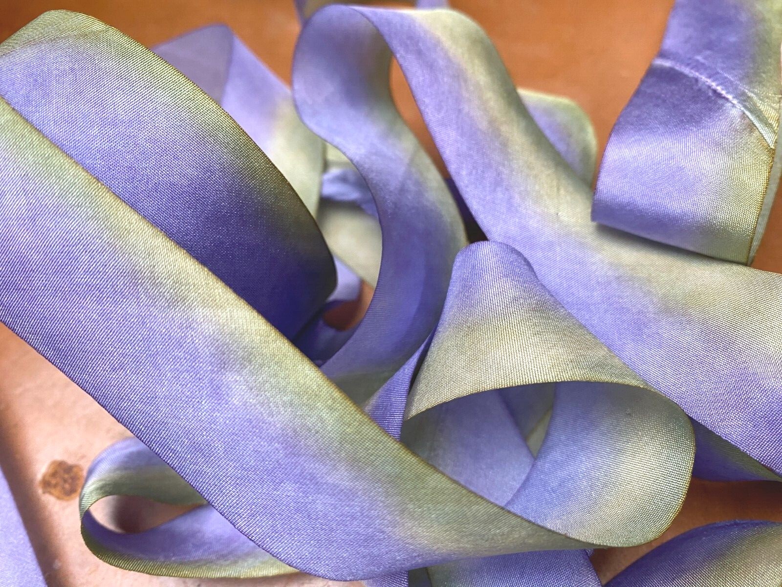 silk hand dyed 1″ ribbon 1yd made in USA lavender green tea