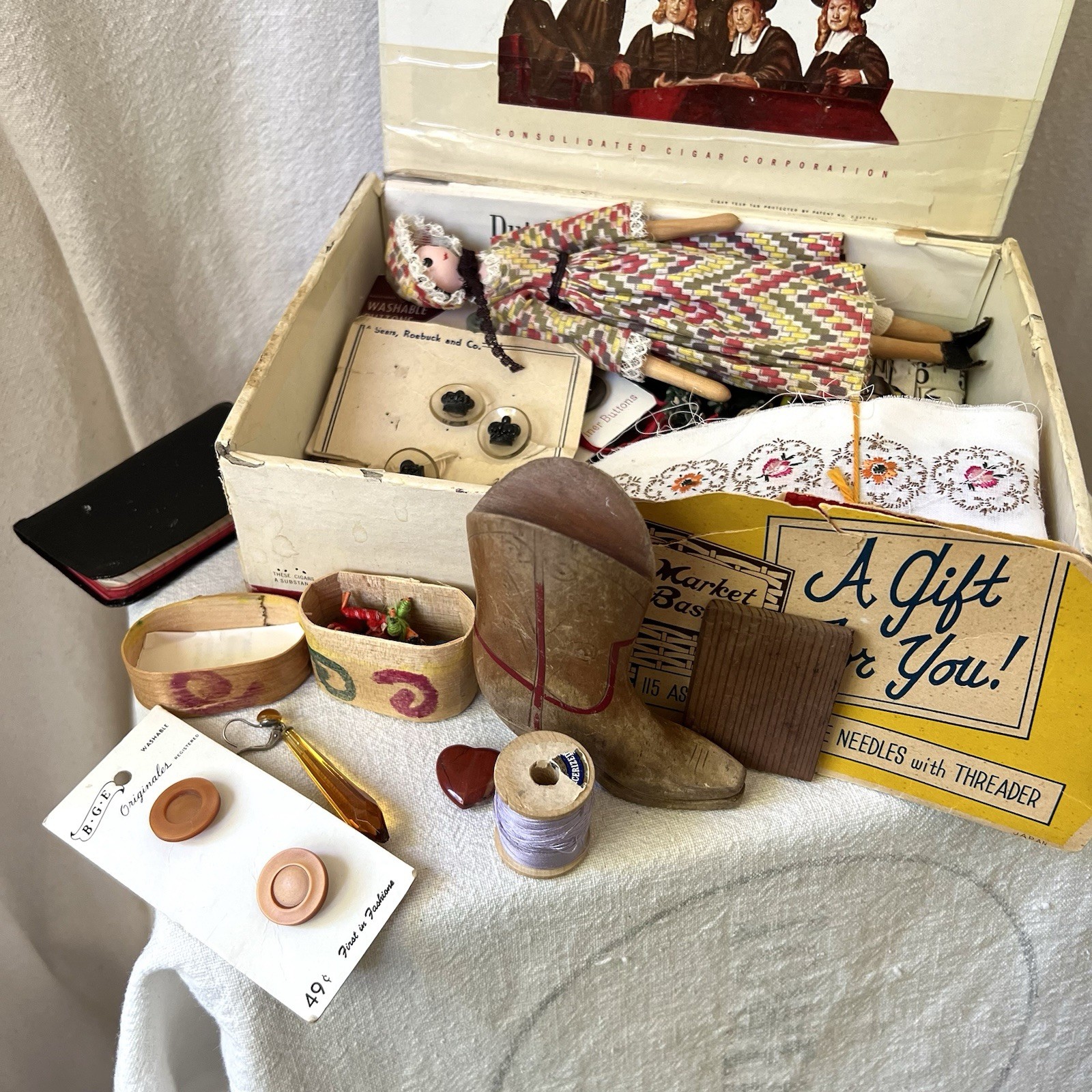 Vintage Sewing Kit / Junk Drawer / Trinket Box Dolls Pin Cushion Notions Buttons