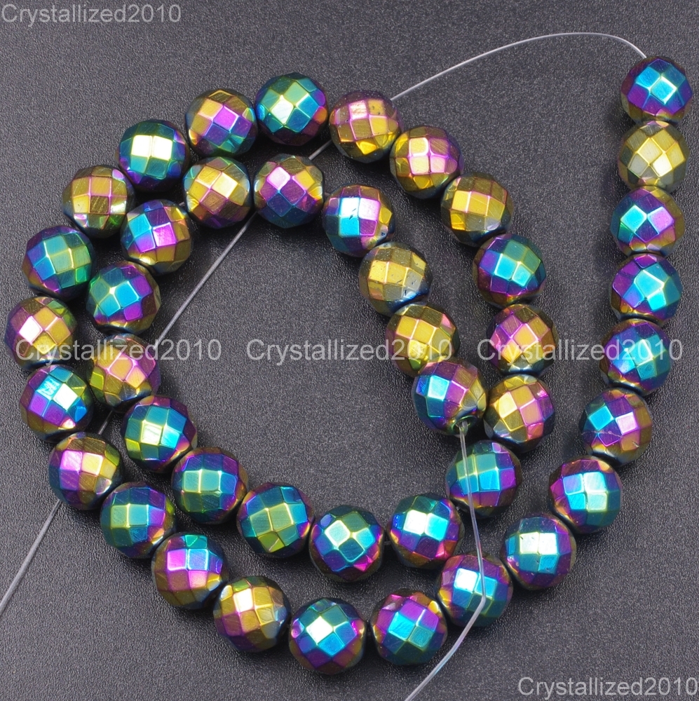 Natural Hematite Gemstone Faceted Round Beads Metallic Colors 4mm 6mm 8mm 15.5″