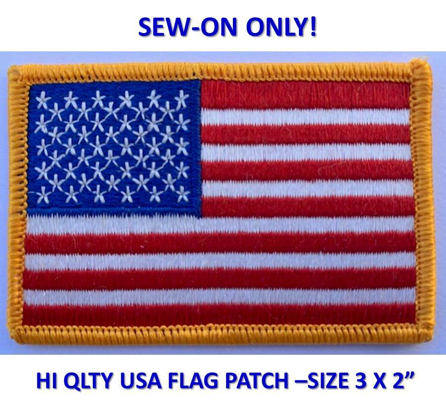 SEW-ON ONLY – USA AMERICAN FLAG EMBROIDERED PATCH GOLD BORDER (3 x 2”) – HI QLTY