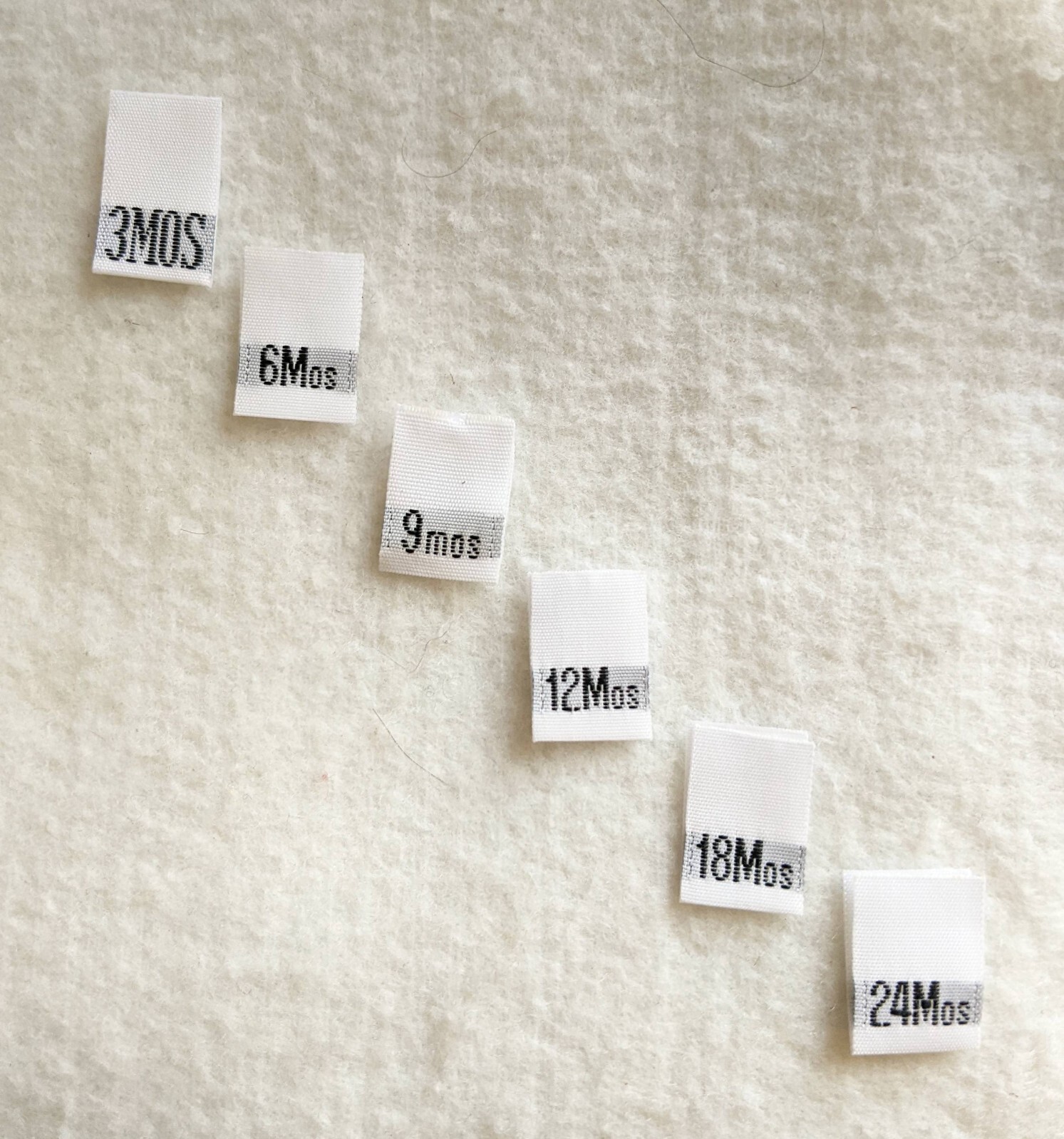 120PC WOVEN INFANT SEWING CHILD CLOTHING LABEL SIZE TAGS – 3 6 9 12 18 24 MONTHS