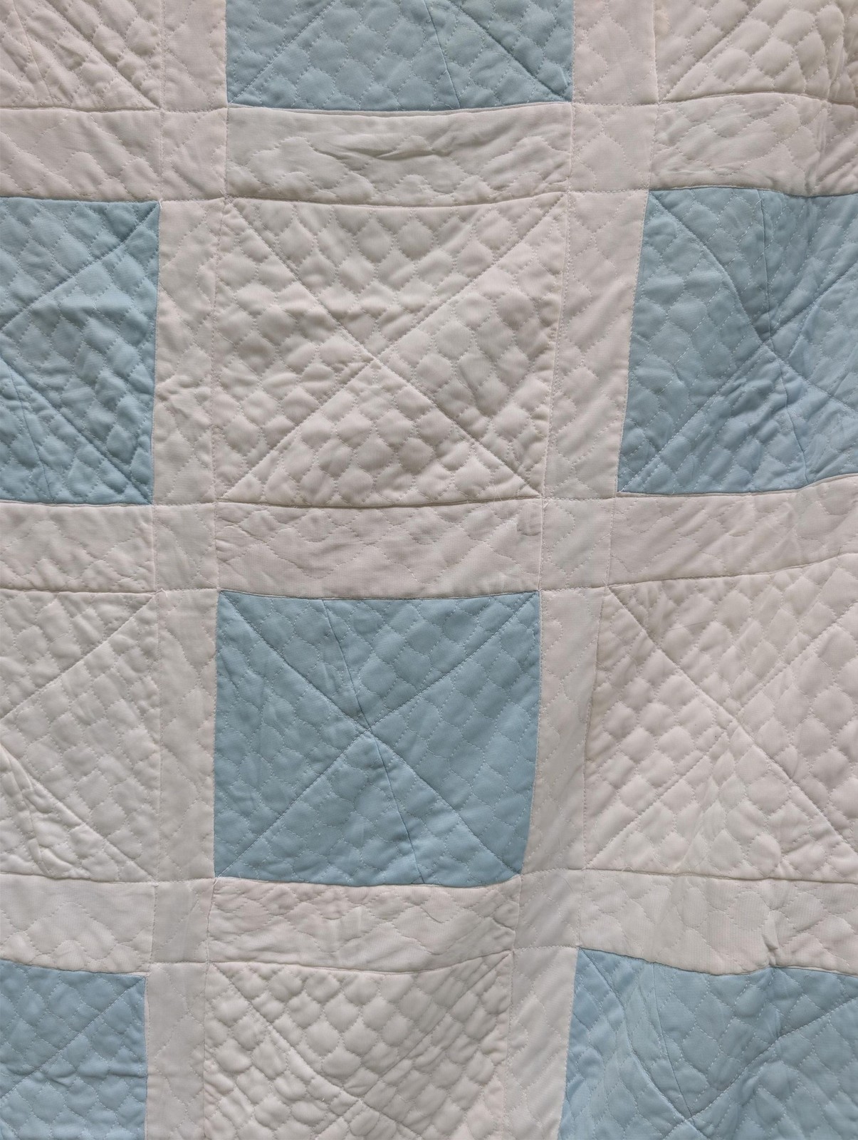 Vtg 70s Light Blue And White Checkerboard Patchwork Pattern Quilt Classic