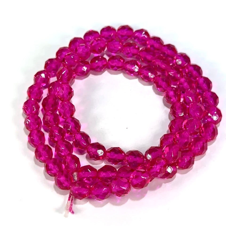 Fuchsia Pink Coated Czech Fire Polished Round Faceted Glass Beads