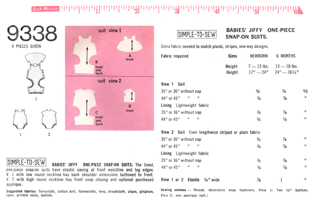 Simplicity 9338 Sewing Pattern Newborn / 6 months Unisex One Piece Snap On Suit