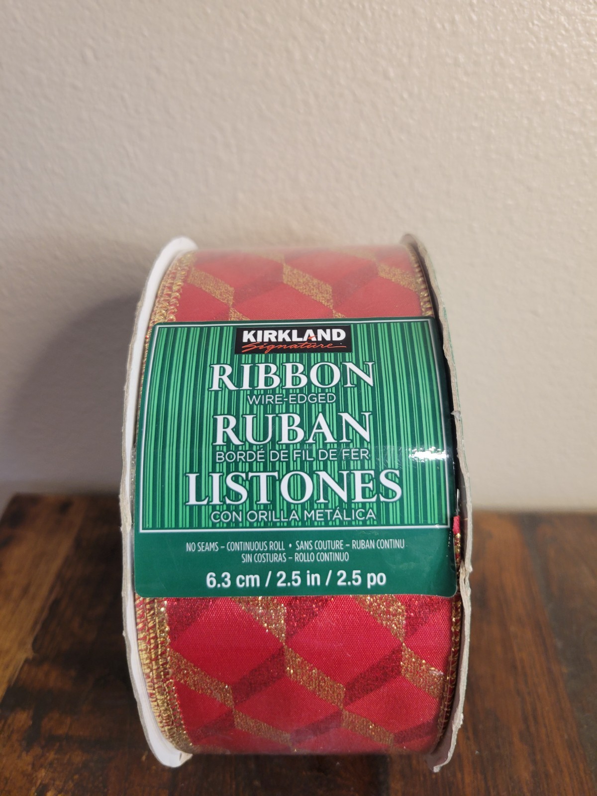 KIRKLAND WIRED-RIBBON 45.7m NEW IN PACKAGE Red & Gold Two Tone Stripes 2 1/2” W