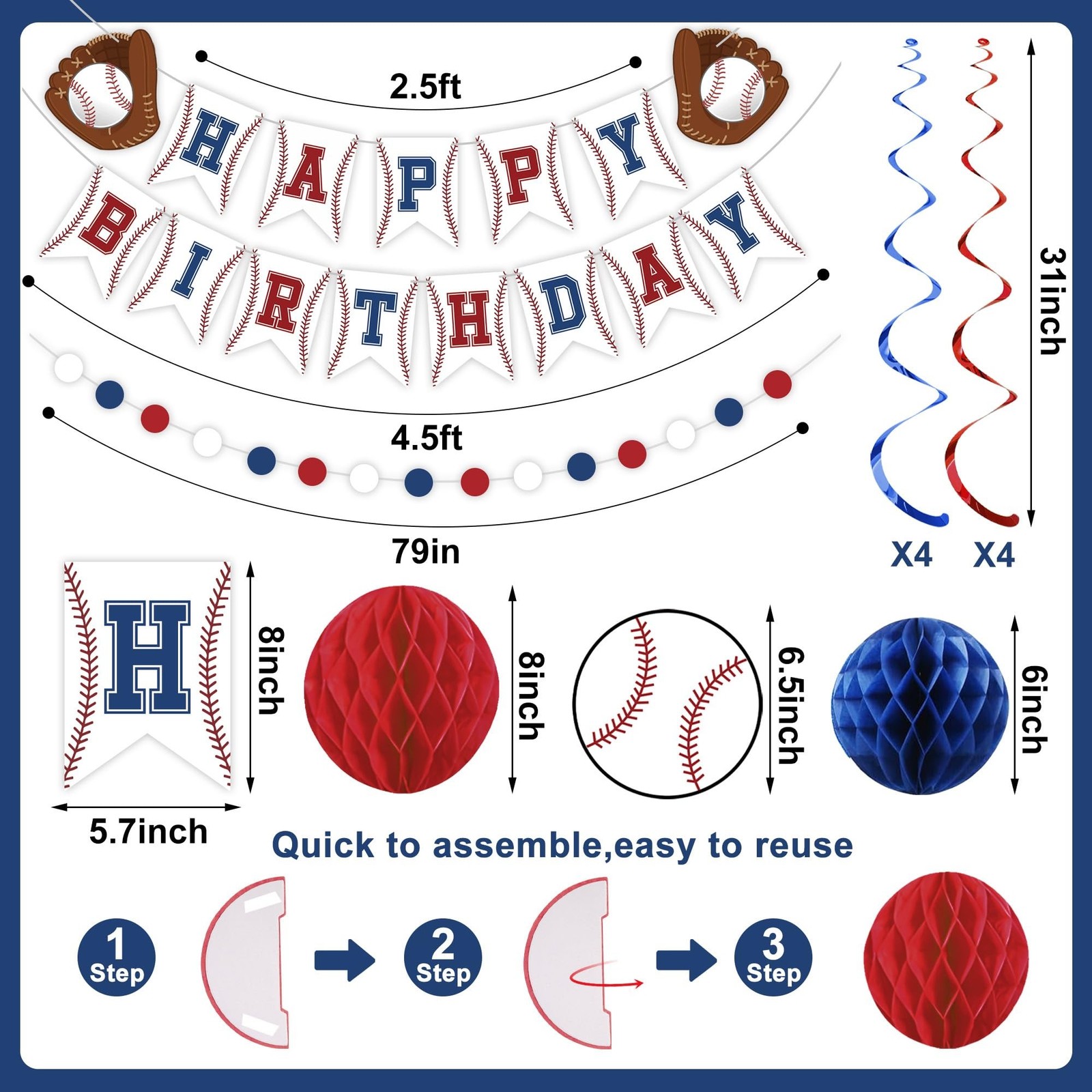 Baseball Party Decorations Happy Birthday Banner Baseballs Honeycomb Balls Ha…