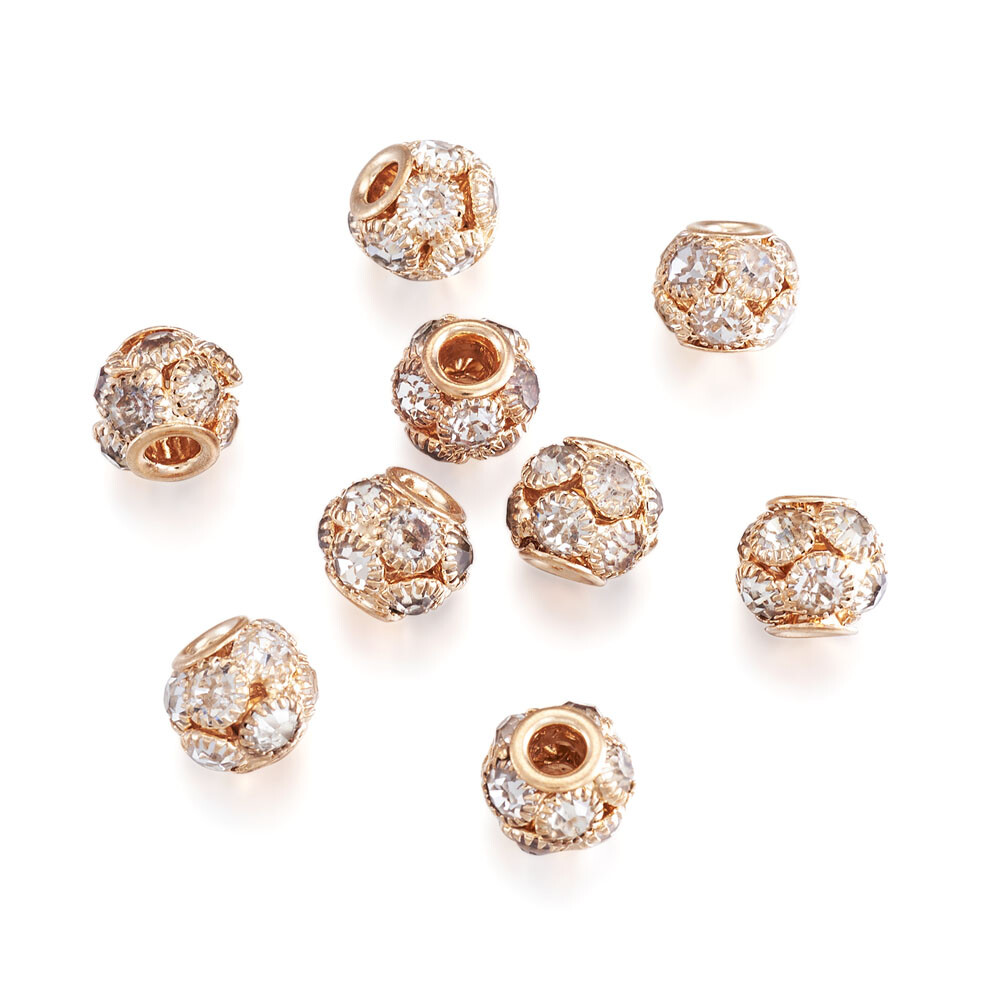 30x Rondelle Light Gold Crystal Brass Beads Crafts with Clear Rhinestone 12x10mm