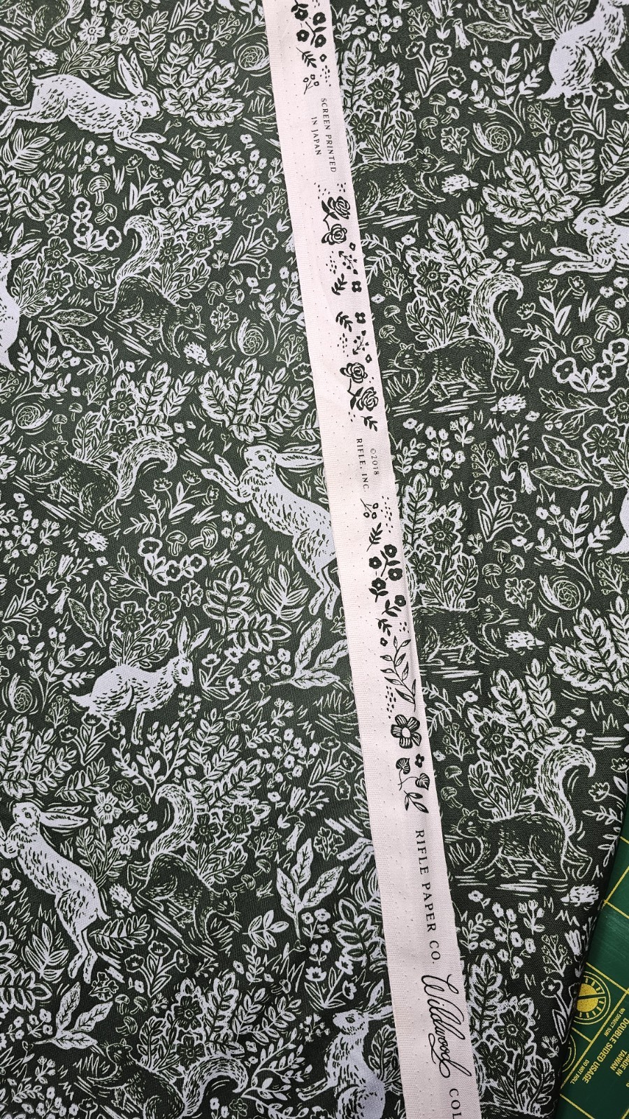Wildwood Leaf Green Bunnies Fable By the yard X 43 Inches Cotton Rifle Paper Co.