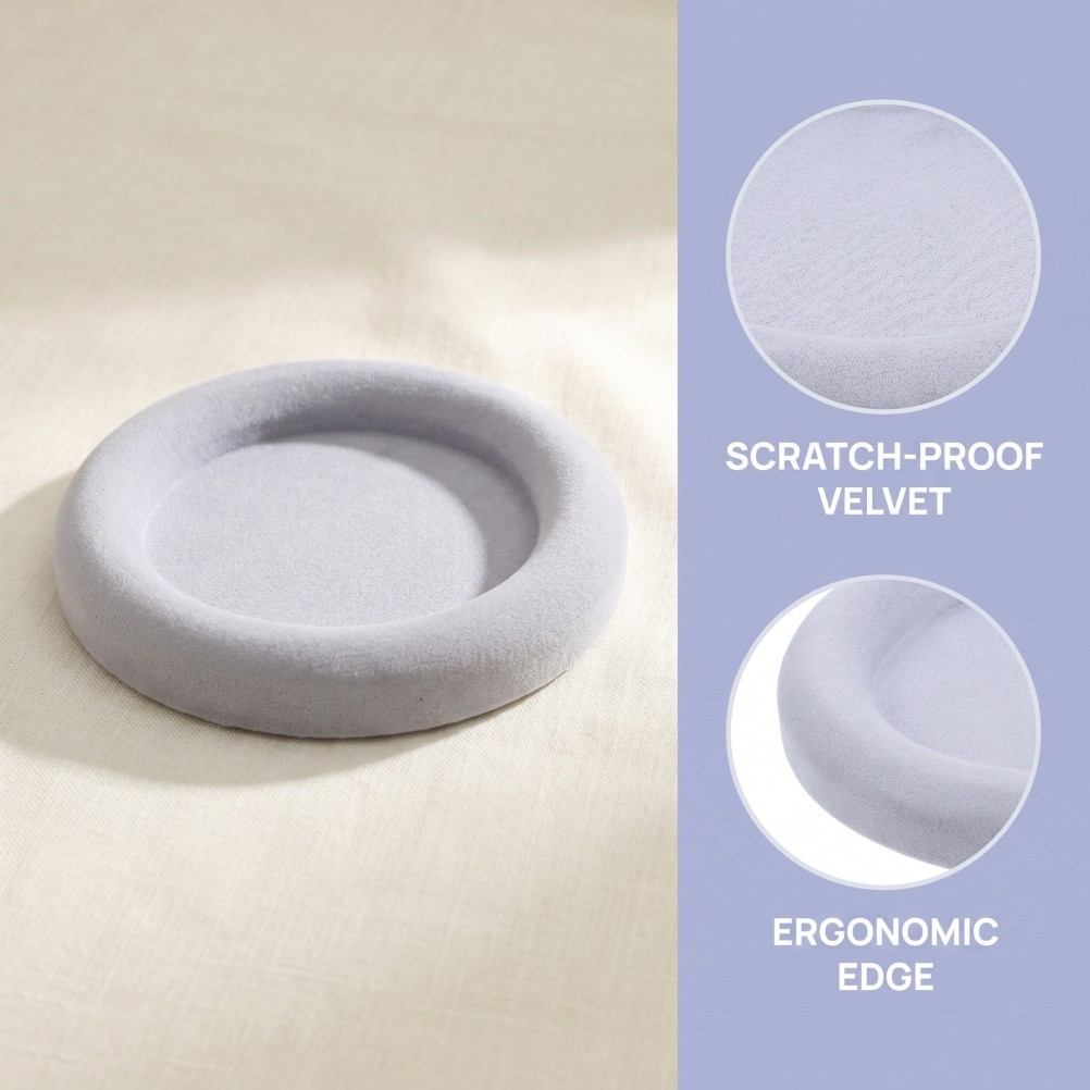 Round Jewelry Display Plate with Wrinkle Resistant Velvet Surface Light Grey