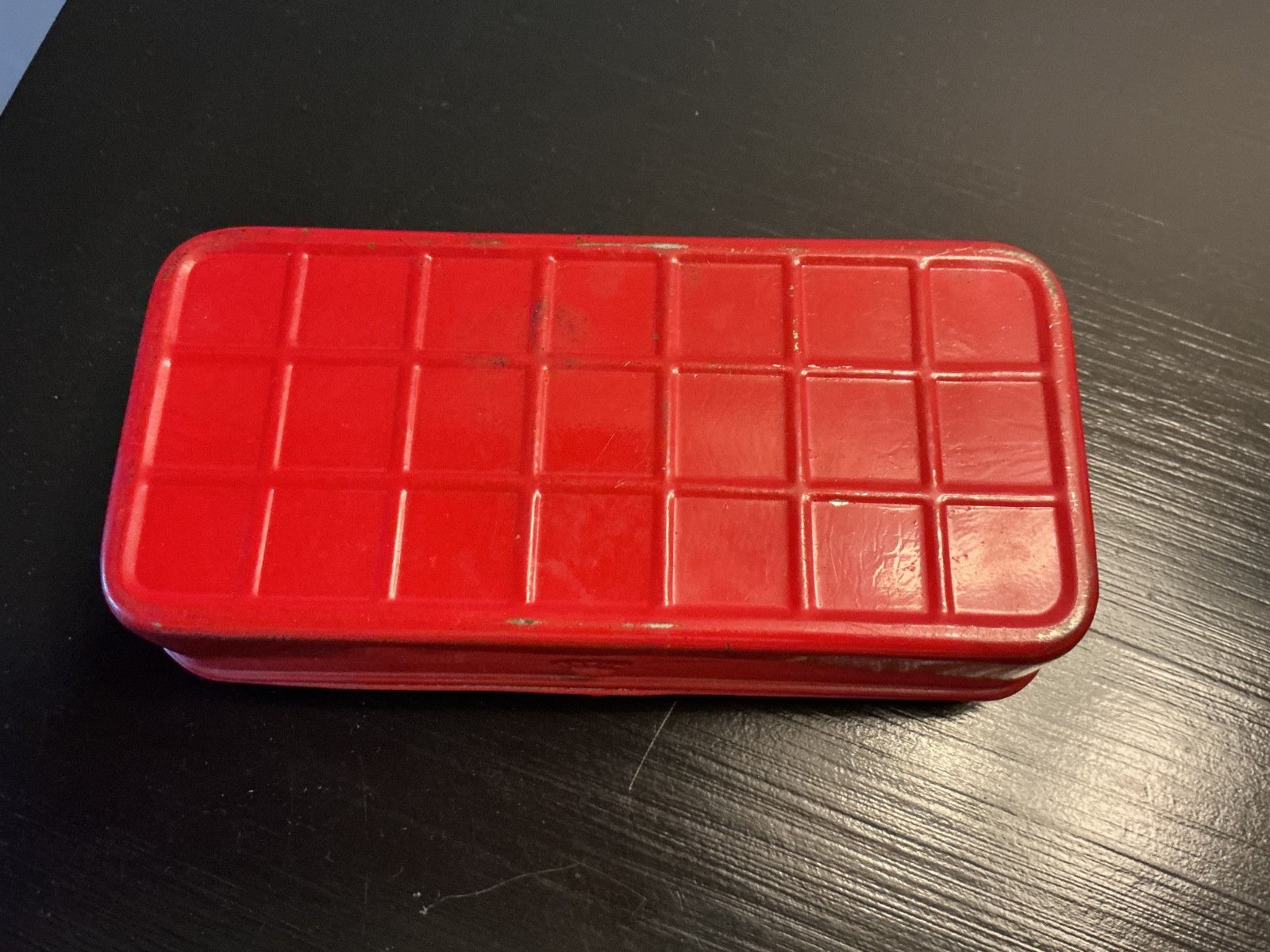Vintage Red Metal Sewing Accessories Box with Multiple Parts