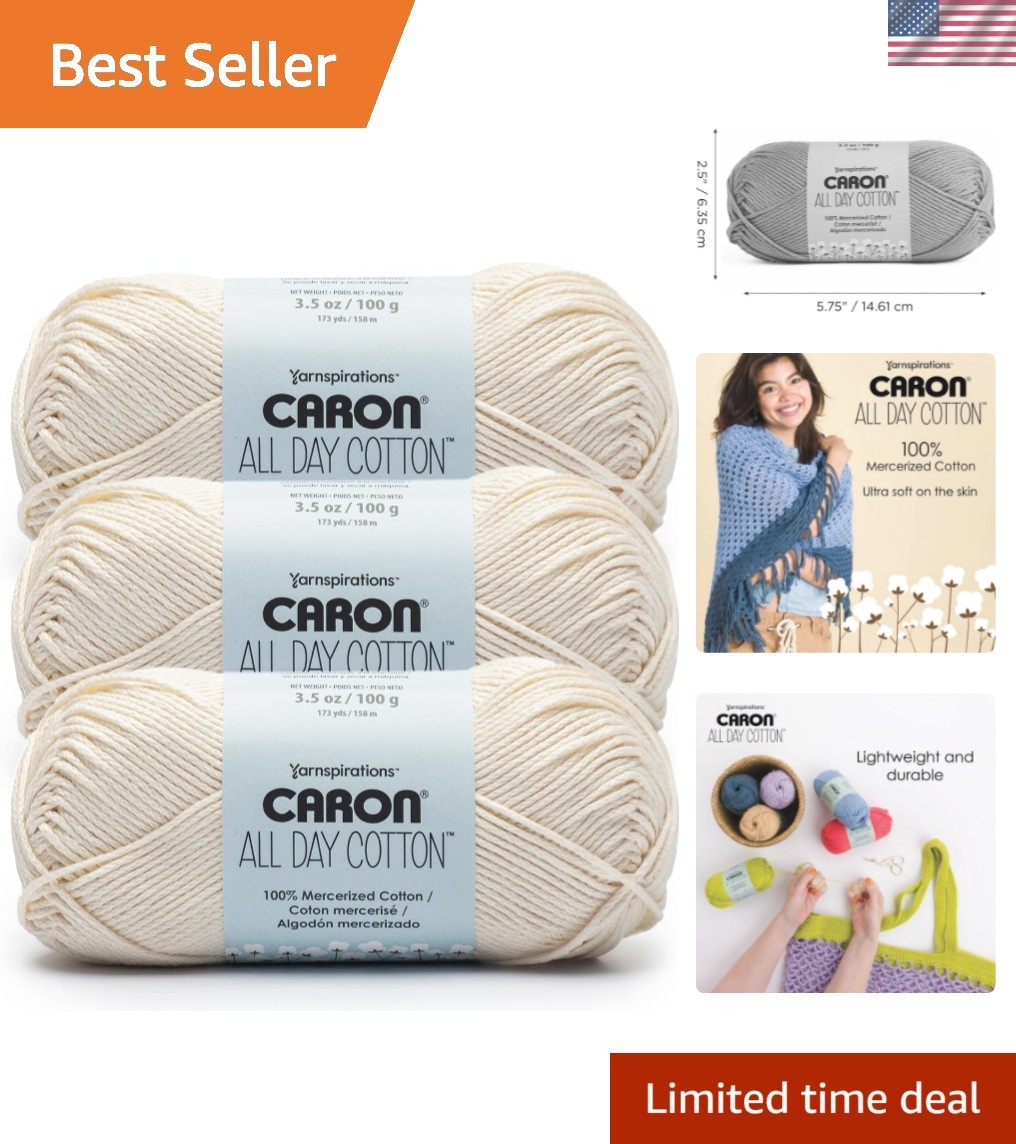 All Day Cotton – 3 Pack of 173 Yards/3.52 oz Cream 100% Mercerized Cotton Yarn