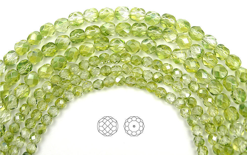 Czech Fire Polished Round Faceted Beads in Crystal Limette coated, 16″ strand