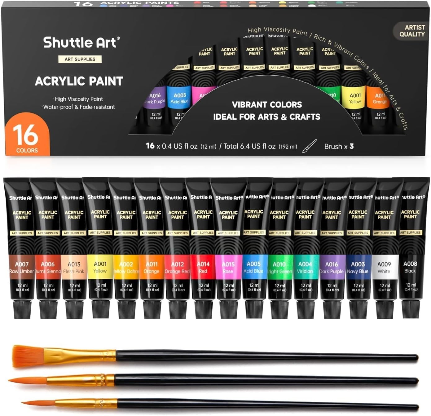 16 Assorted Acrylic Paint Tubes (12ml) with Brushes – Safe for Kids & Adults