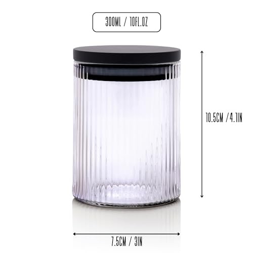 Ribbed Glass Bathroom Jars with Black Bamboo Lids | Cotton Pad / Swab / Q tip