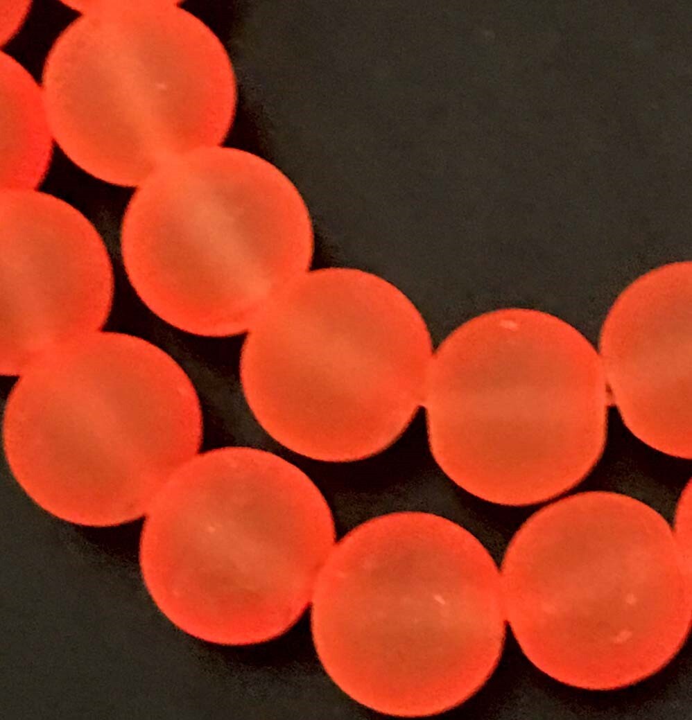 25 Frosted Sea Glass Round Beads 8mm Matte – Orange red Vivid Tangelo