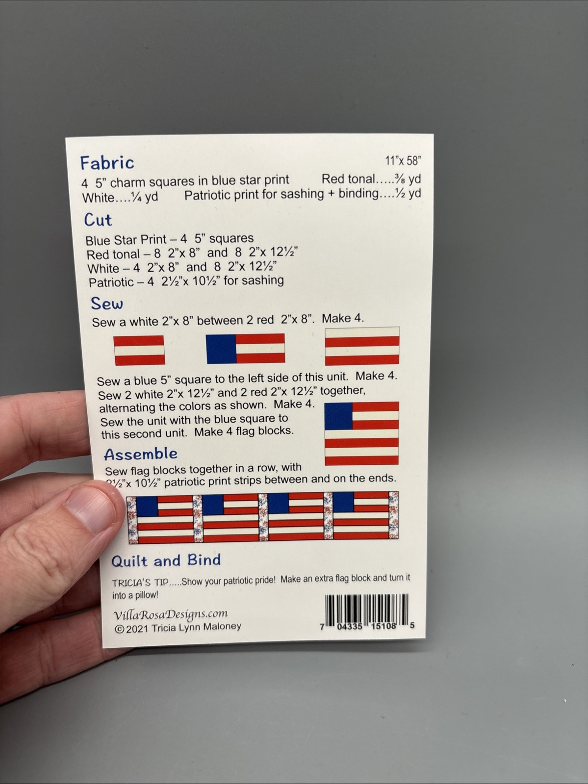 Villa Rosa Designs Unfilled American Flags Quilt Kit 11” X 58” Patriotic Pride